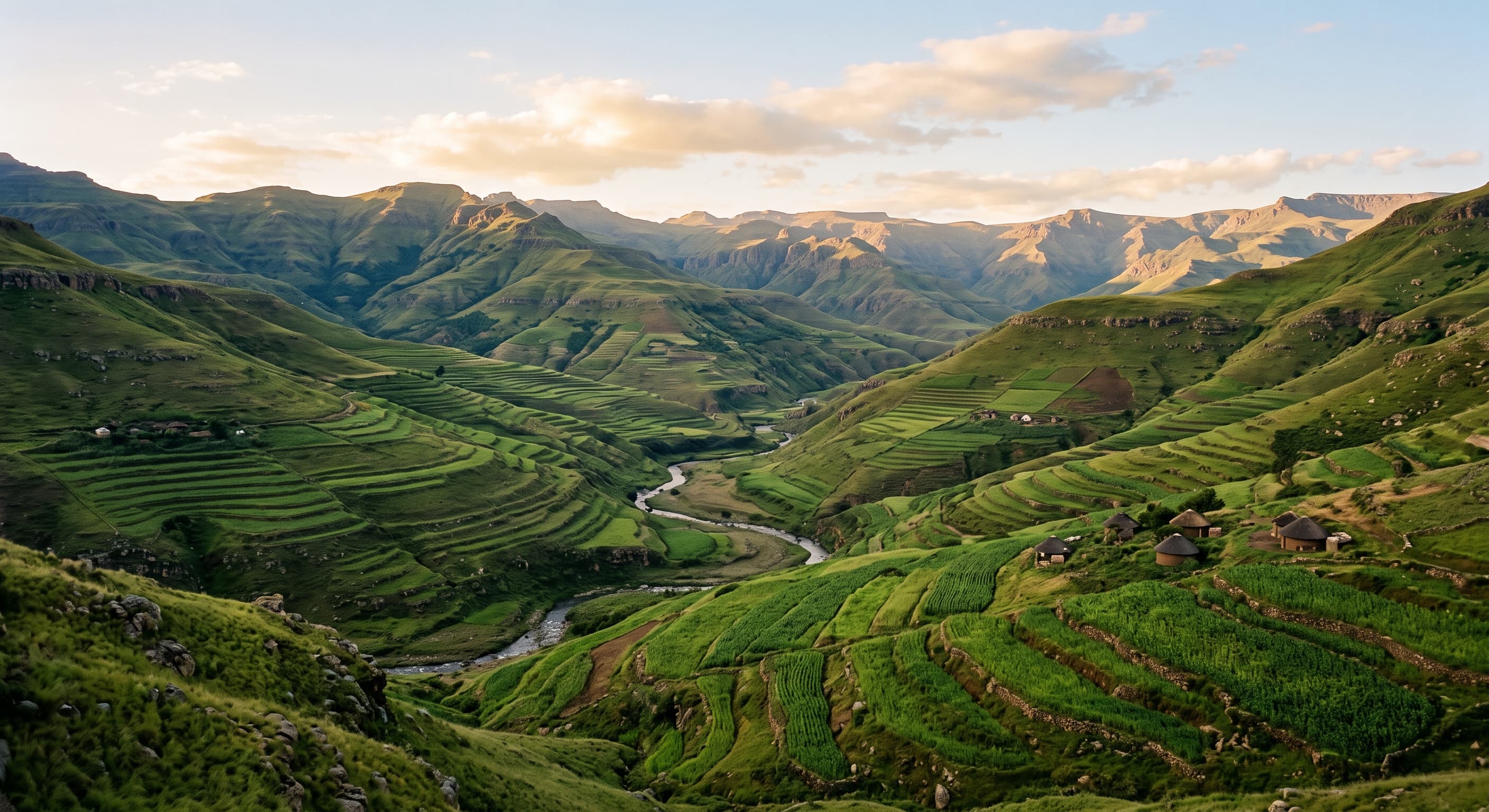 Paesaggio collinare e montuoso tranquillo del Lesotho, colline erbose sotto un cielo sereno, senza persone né monumenti riconoscibili