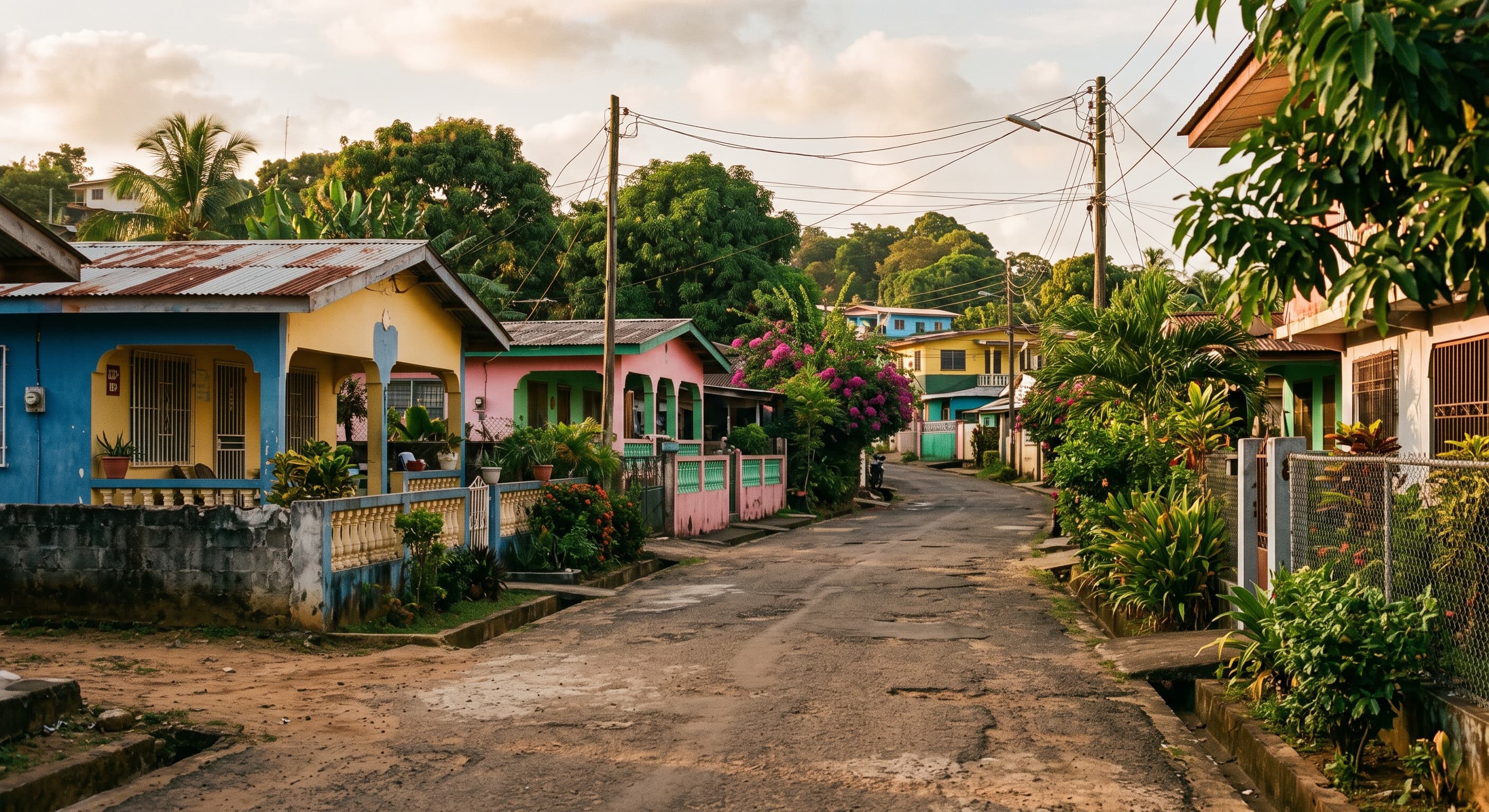 Via residenziale tranquilla di un quartiere di Monrovia, case basse con tetti in lamiera circondate da vegetazione tropicale, senza persone riconoscibili