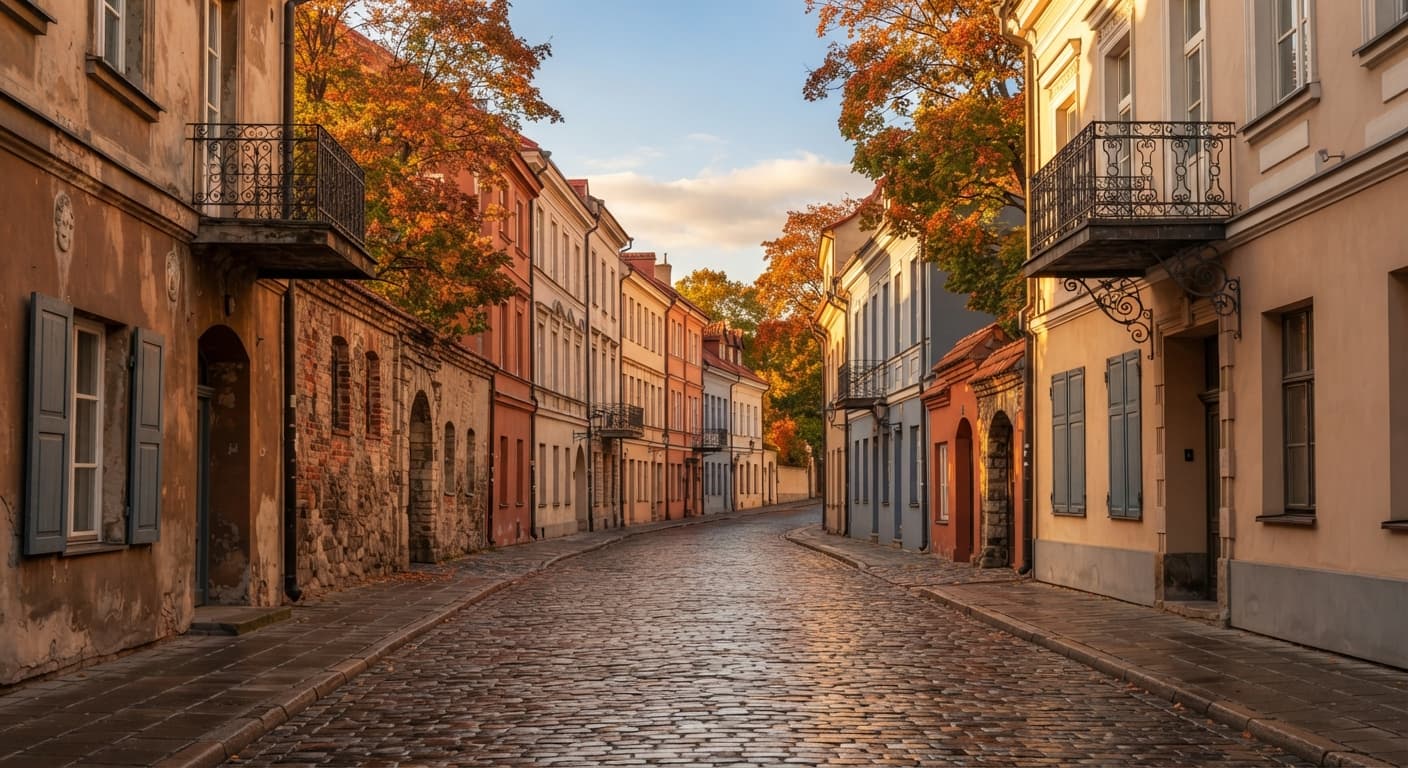 Quiet residential street in Vilnius old town, Lithuania, colourful facades and cobblestones typical of Baltic architecture