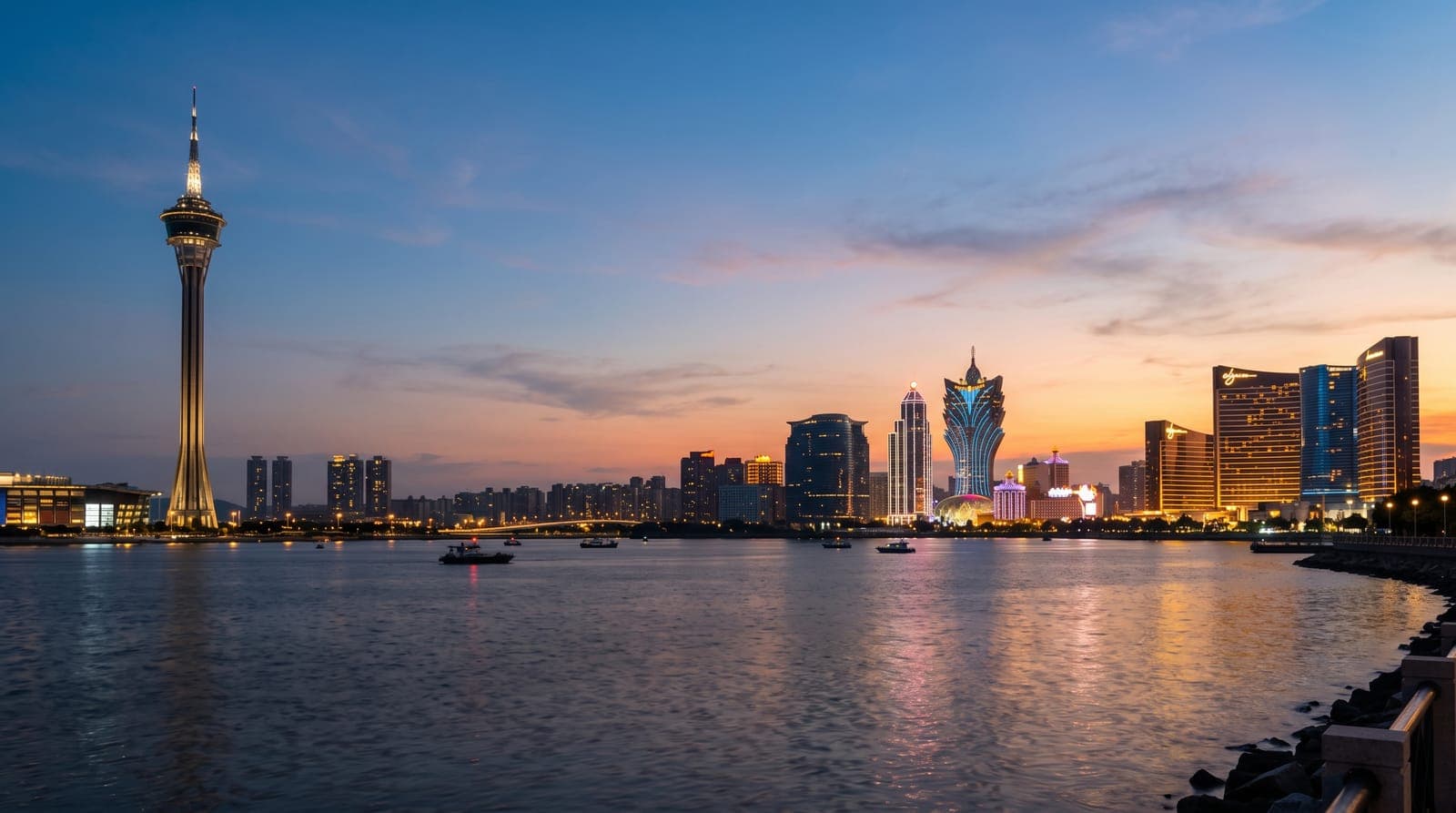 Uferpromenade von Macau in der Dämmerung mit ruhiger Bucht, schlankem Turm und beleuchteten Wolkenkratzern