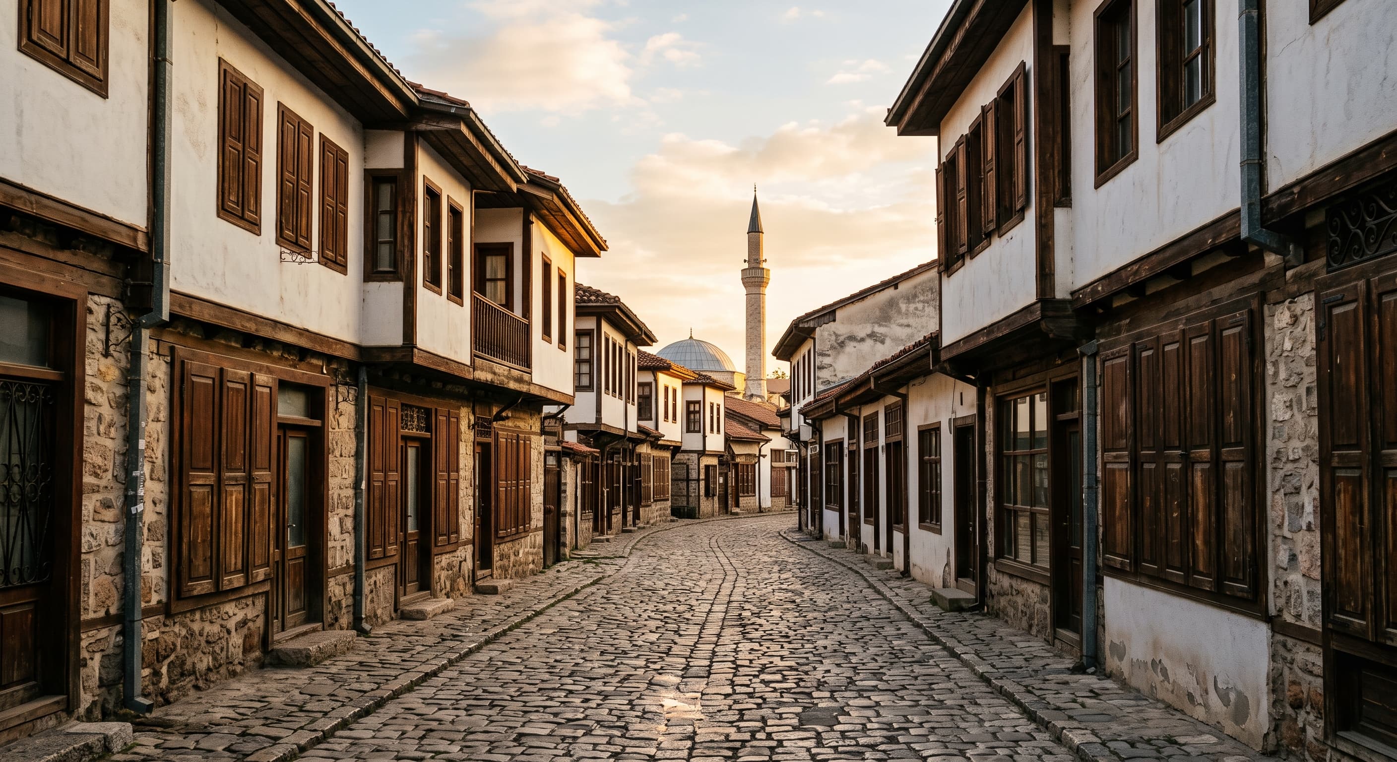 Calle residencial tranquila de fachadas otomanas del viejo bazar (Stara Čaršija) de Skopie, en Macedonia del Norte