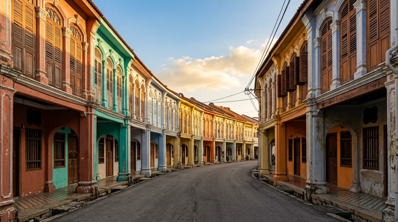 Rue résidentielle calme aux façades coloniales colorées du quartier historique de George Town, à Penang