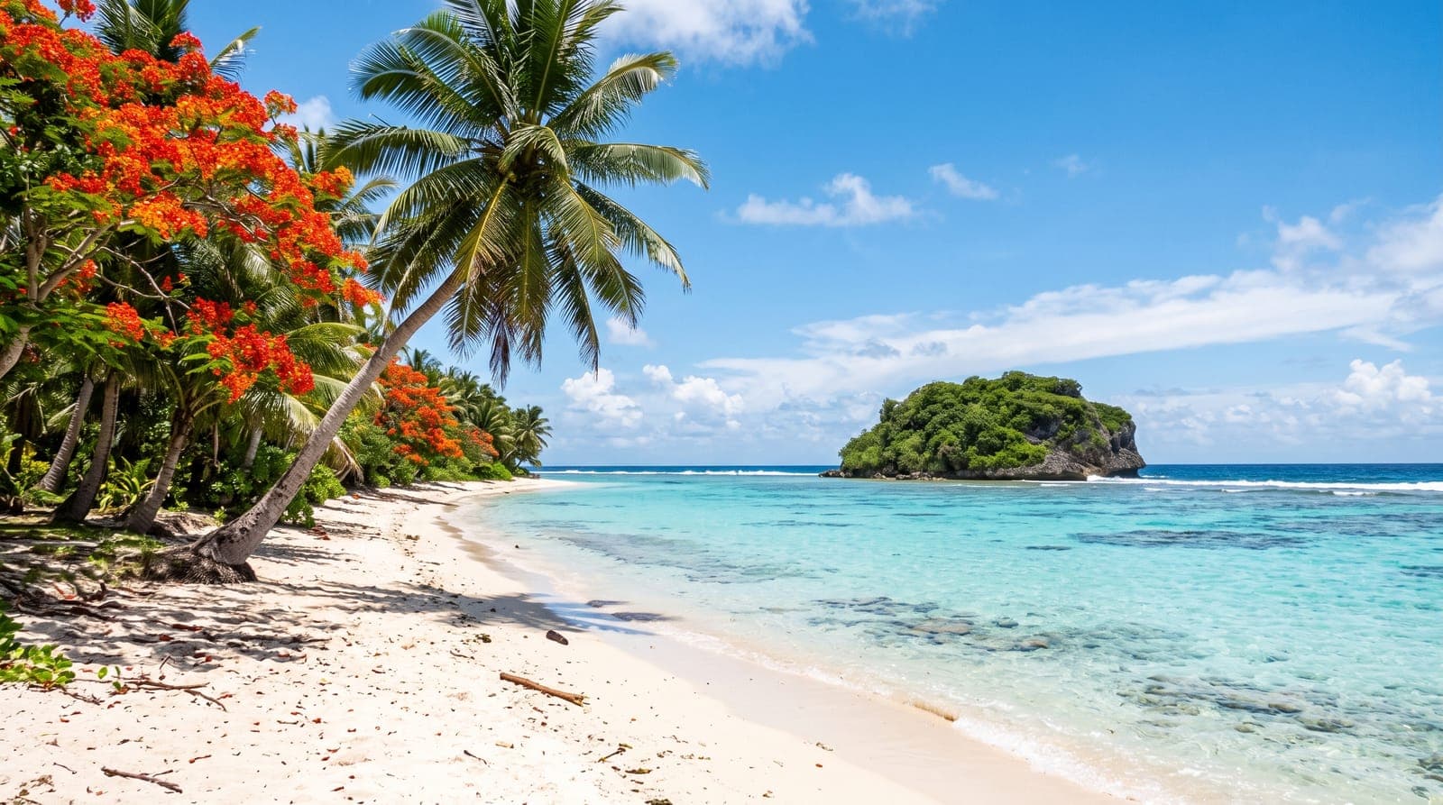 Weißer Sandstrand auf Saipan, blühende Flammenbäume, türkisfarbene Lagune und ein grünes Felsinselchen