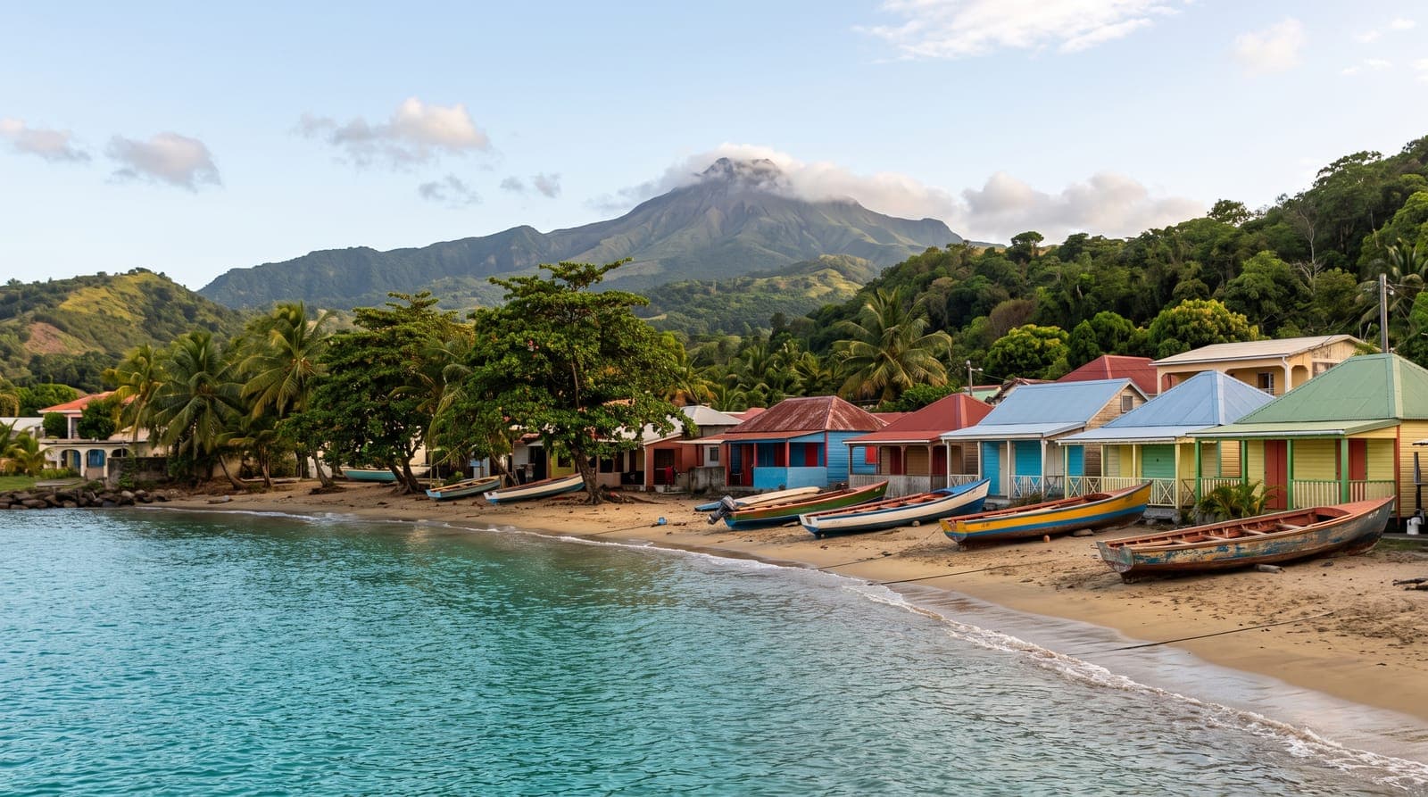 Bucht auf Martinique mit bunten Häusern am Strand, Fischerbooten und einem bewaldeten Vulkangipfel