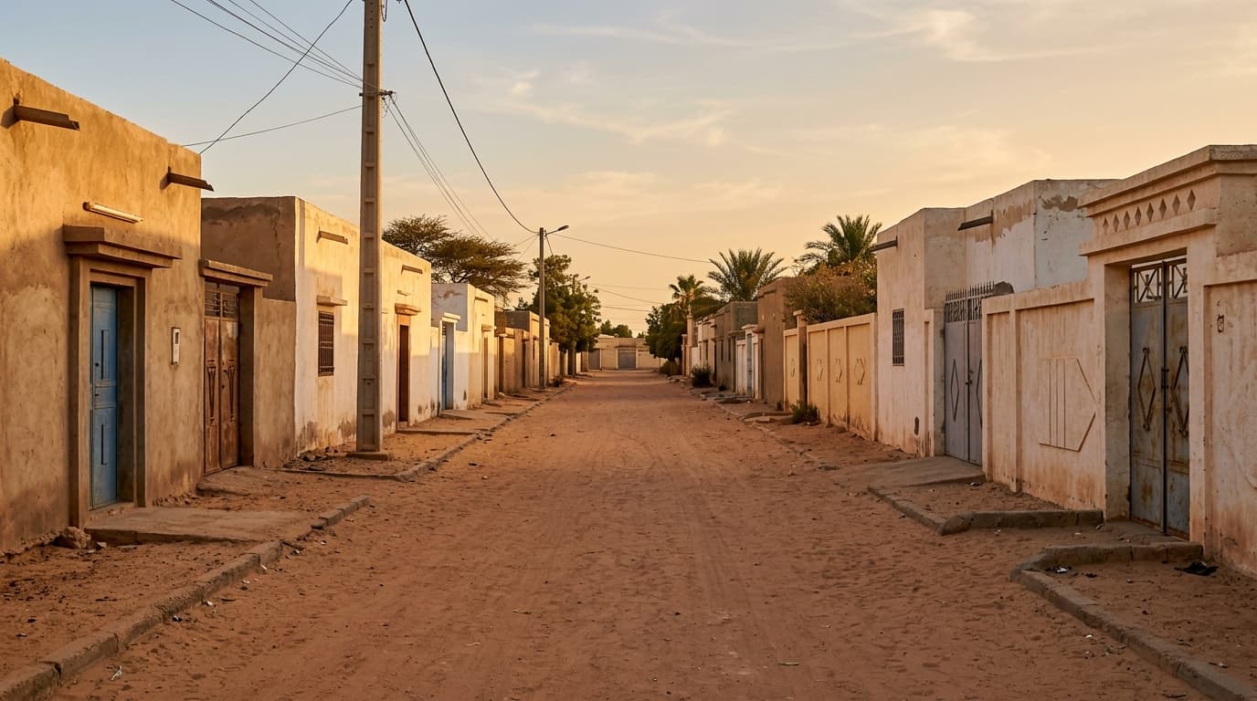 Rue résidentielle calme d'un quartier de Nouakchott, architecture maure aux tons ocre et sable, sans personnes reconnaissables