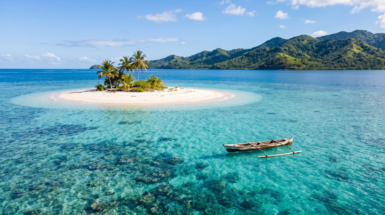 Türkisfarbene Lagune von Mayotte mit weißem Sandinselchen, Palmen und einem Fischerkanu