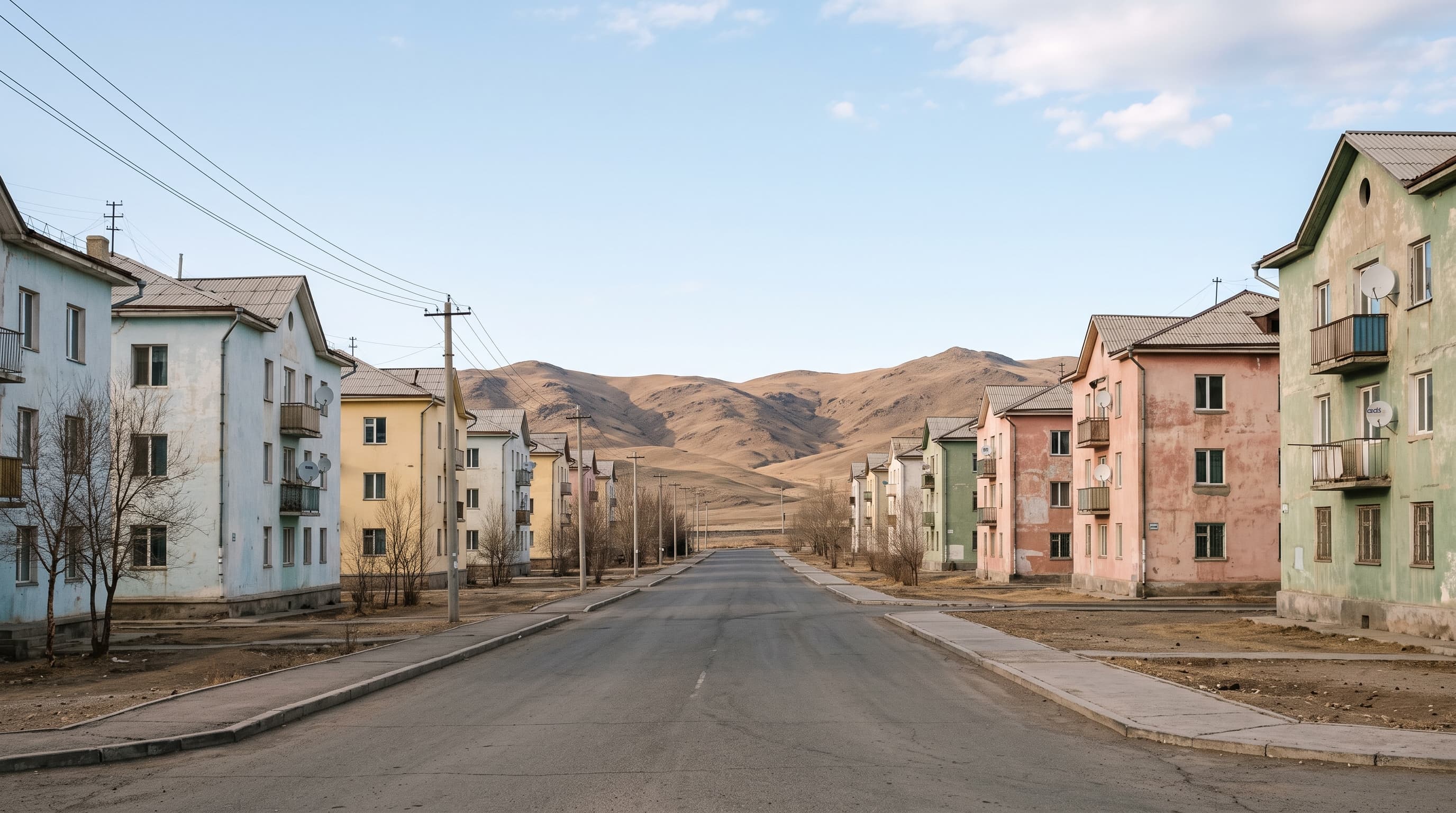Calle residencial tranquila de Ulán Bator bordeada de edificios bajos de fachadas claras, montañas áridas de fondo, sin personas ni vehículos ni monumento identificable