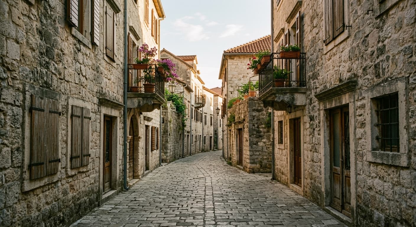 شارع سكني هادئ بواجهات متوسطية في الحي التاريخي ستارا فاروش، في بودغوريتسا، الجبل الأسود