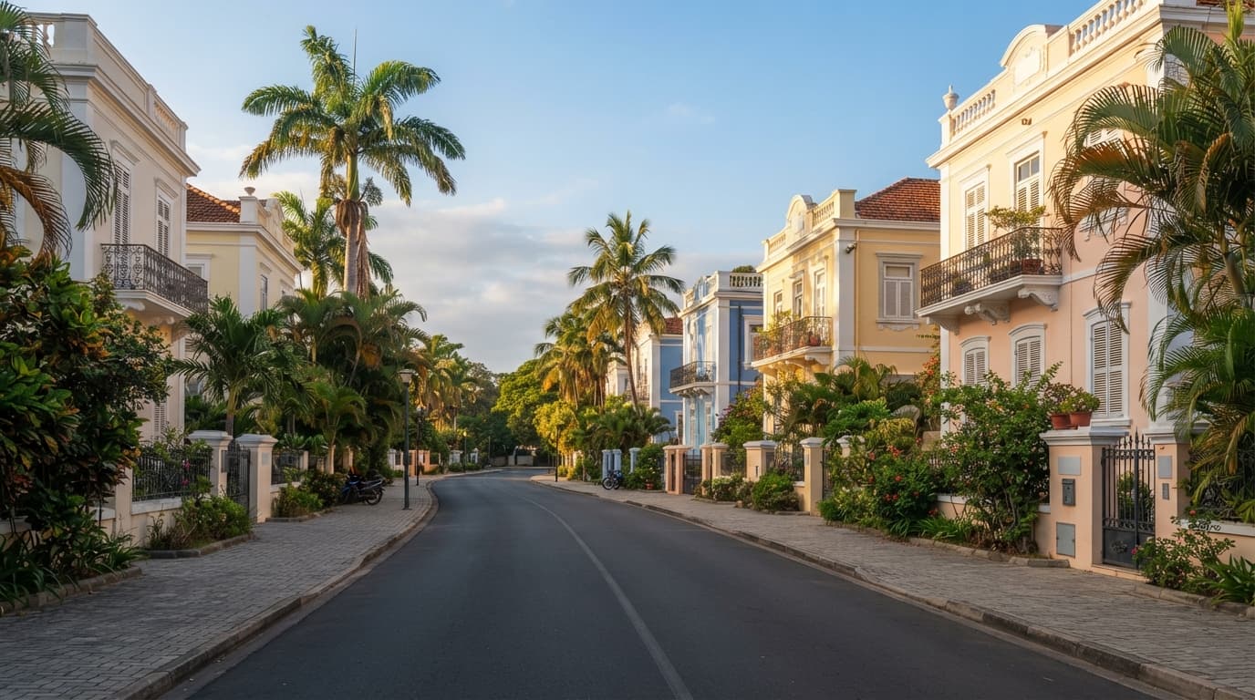 Rue résidentielle calme d'un quartier de Maputo, façades d'architecture coloniale portugaise aux couleurs pastel et balcons en fer forgé, sans personnes reconnaissables