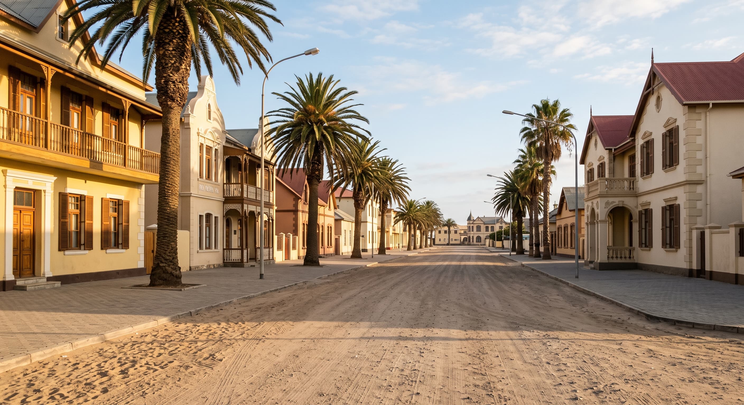 Rue calme et large d'un quartier résidentiel de Windhoek, maisons basses derrière des murs bas et de la végétation semi-aride, sans personnes ni véhicules reconnaissables