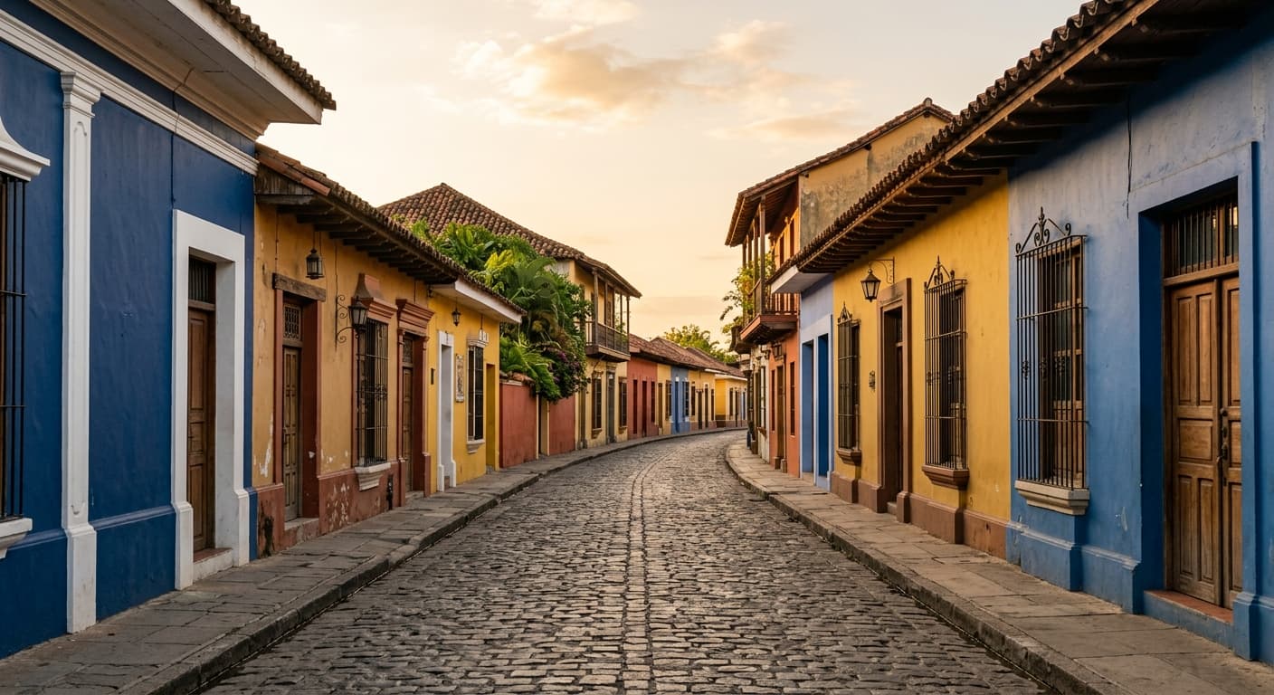 Rue calme et vide d'une ville coloniale du Nicaragua, façades colorées et clochers d'église en arrière-plan, pavés, sans personnes ni véhicules reconnaissables