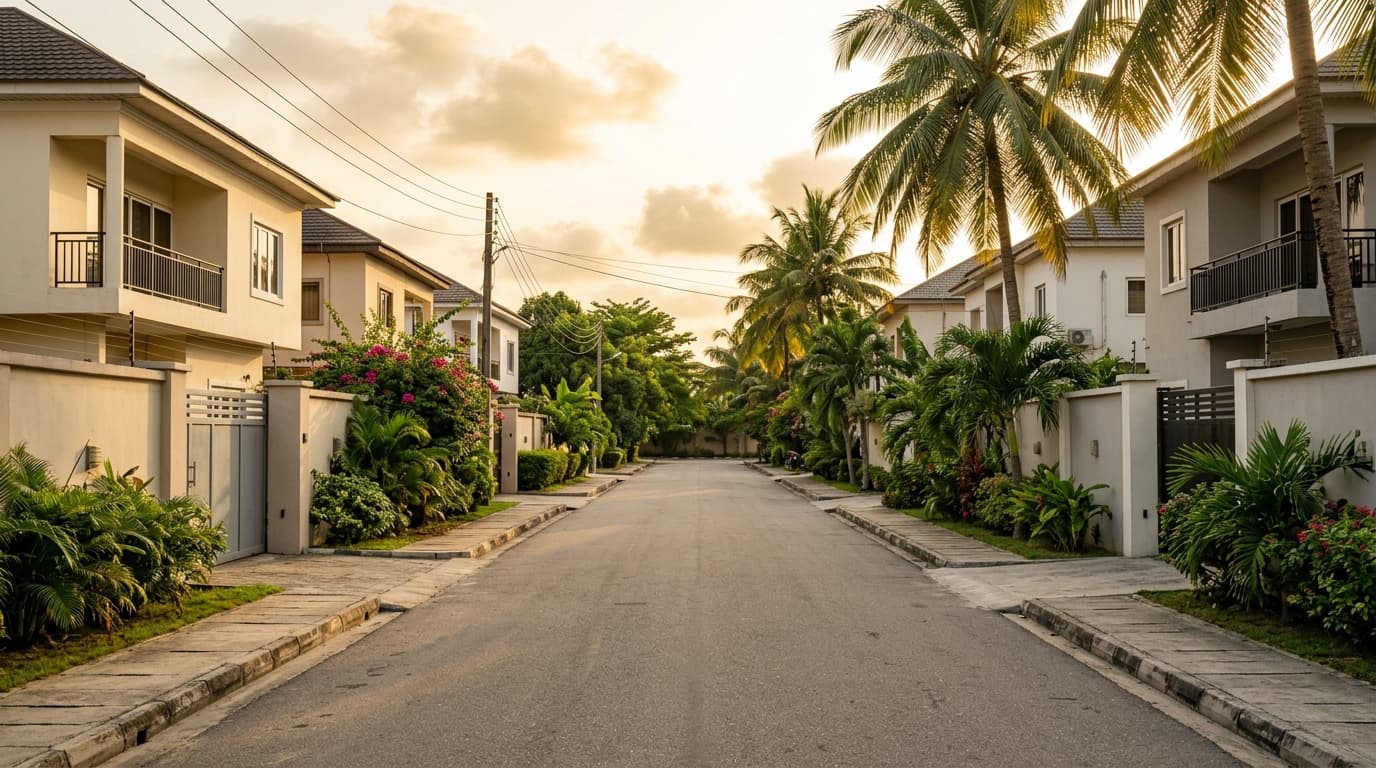 Calle residencial tranquila de un barrio de Lagos (Ikoyi o Victoria Island), villas modernas rodeadas de muros perimetrales y vegetación tropical, sin personas reconocibles