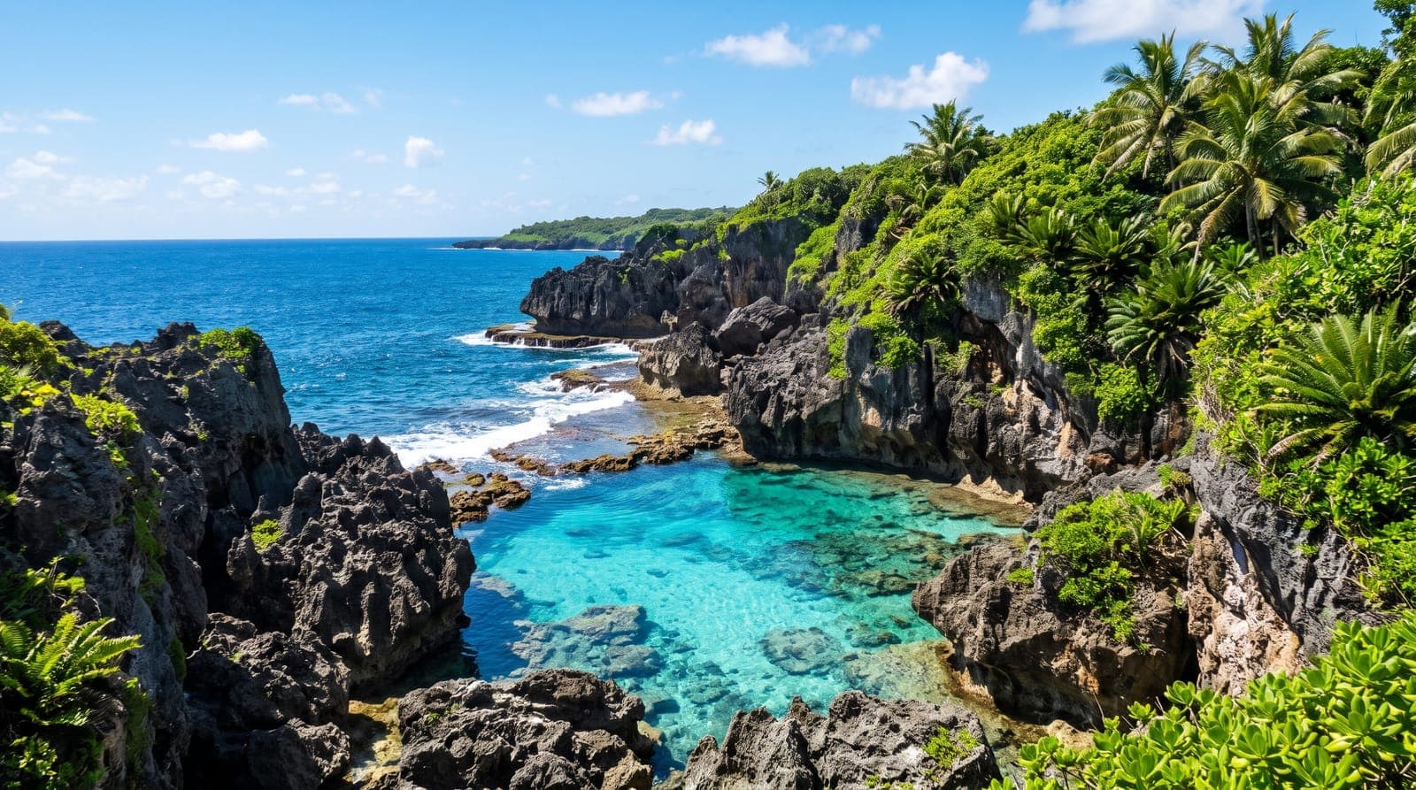 Korallenklippen und türkisfarbener Naturpool an der Küste von Niue