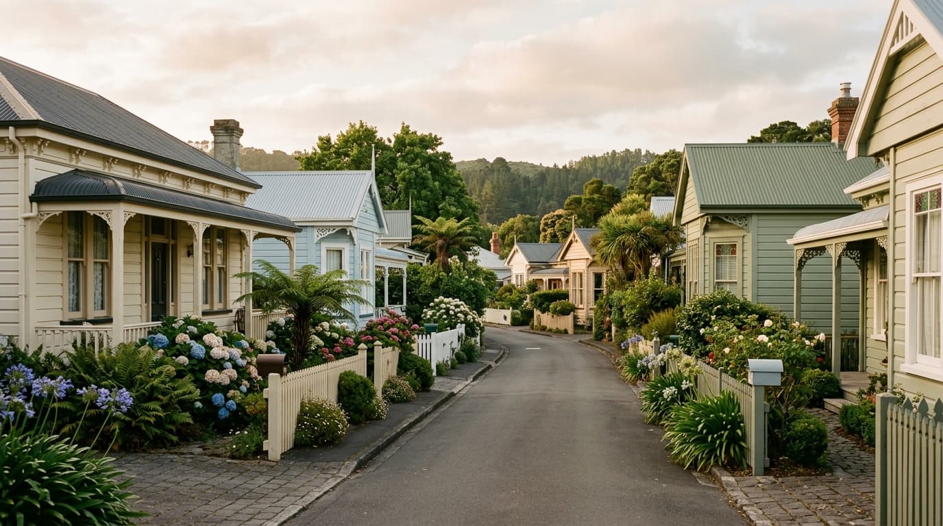 Rue résidentielle bordée de villas en bois de style colonial néo-zélandais à Wellington, jardins fleuris