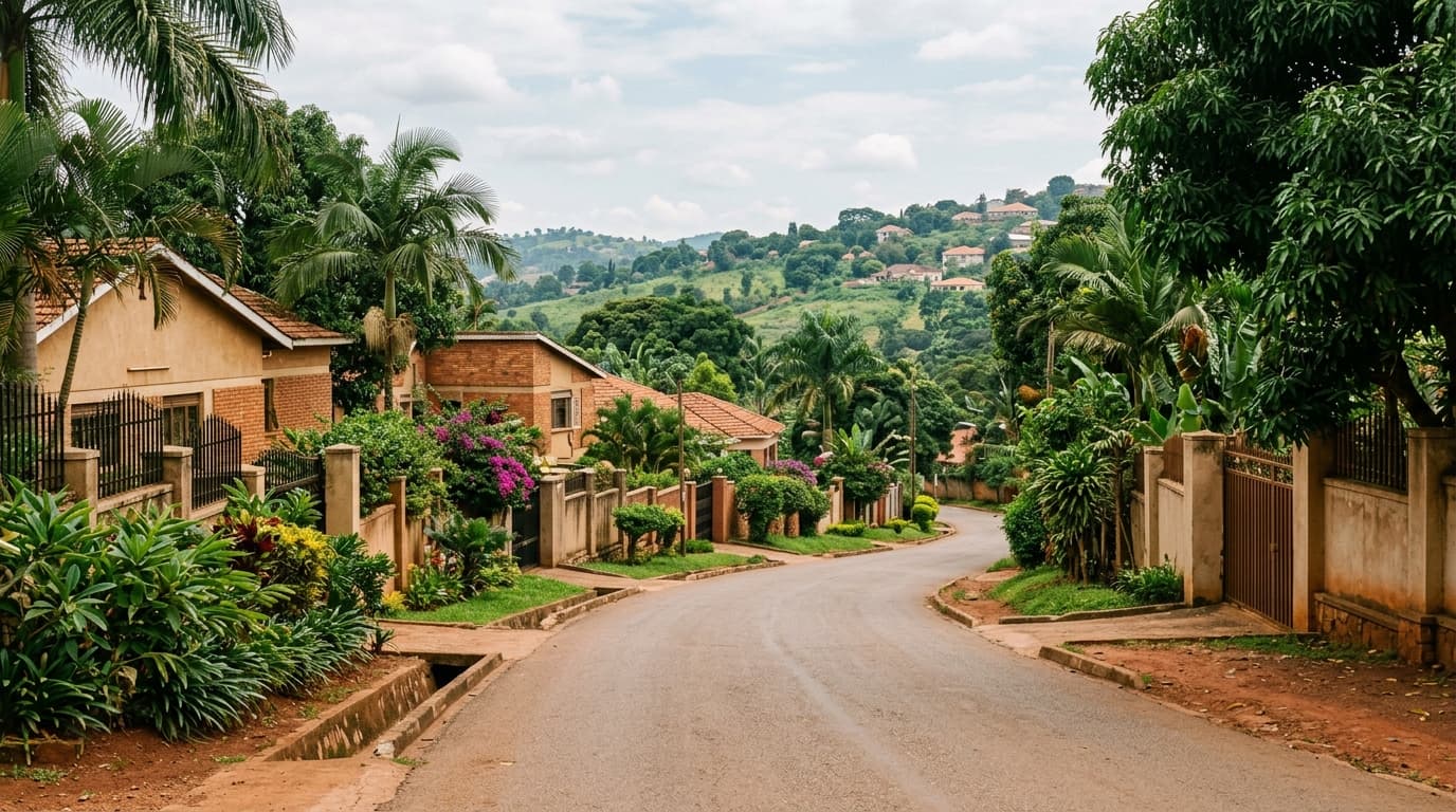 Rue résidentielle calme d'un quartier vallonné de Kampala, chaussée bordée de végétation dense et de murs d'enceinte, collines verdoyantes en arrière-plan, sans personnes reconnaissables