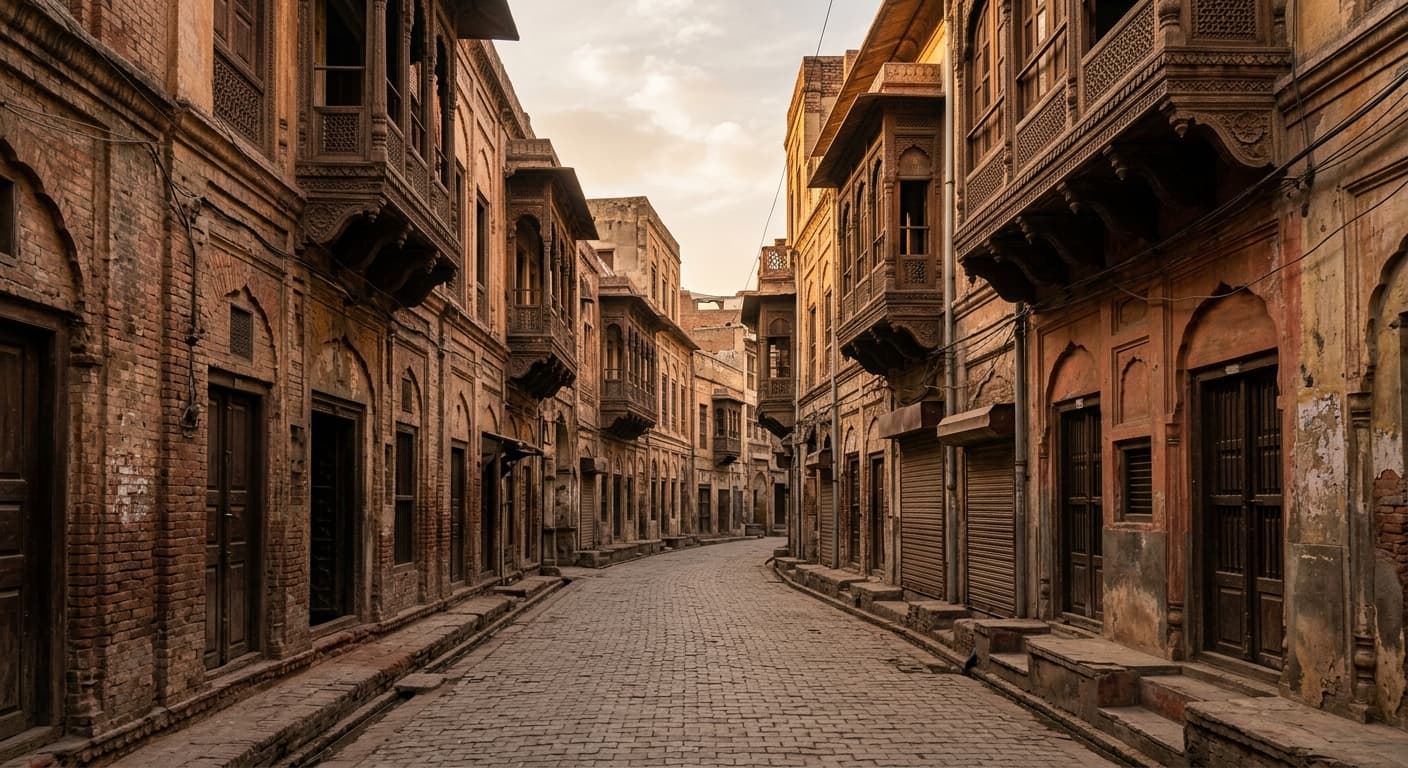 Rue résidentielle calme d'un quartier ancien de Lahore, façades ocre et arcades de style moghol et colonial, sans monument identifiable