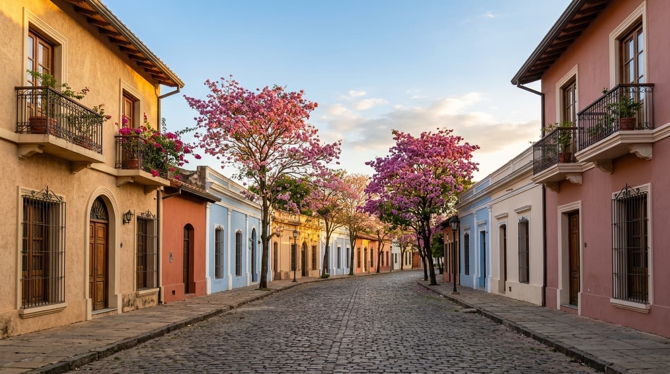 Rue résidentielle calme d'un quartier arboré d'Asunción, façades basses de style colonial paraguayen, sans personnes reconnaissables