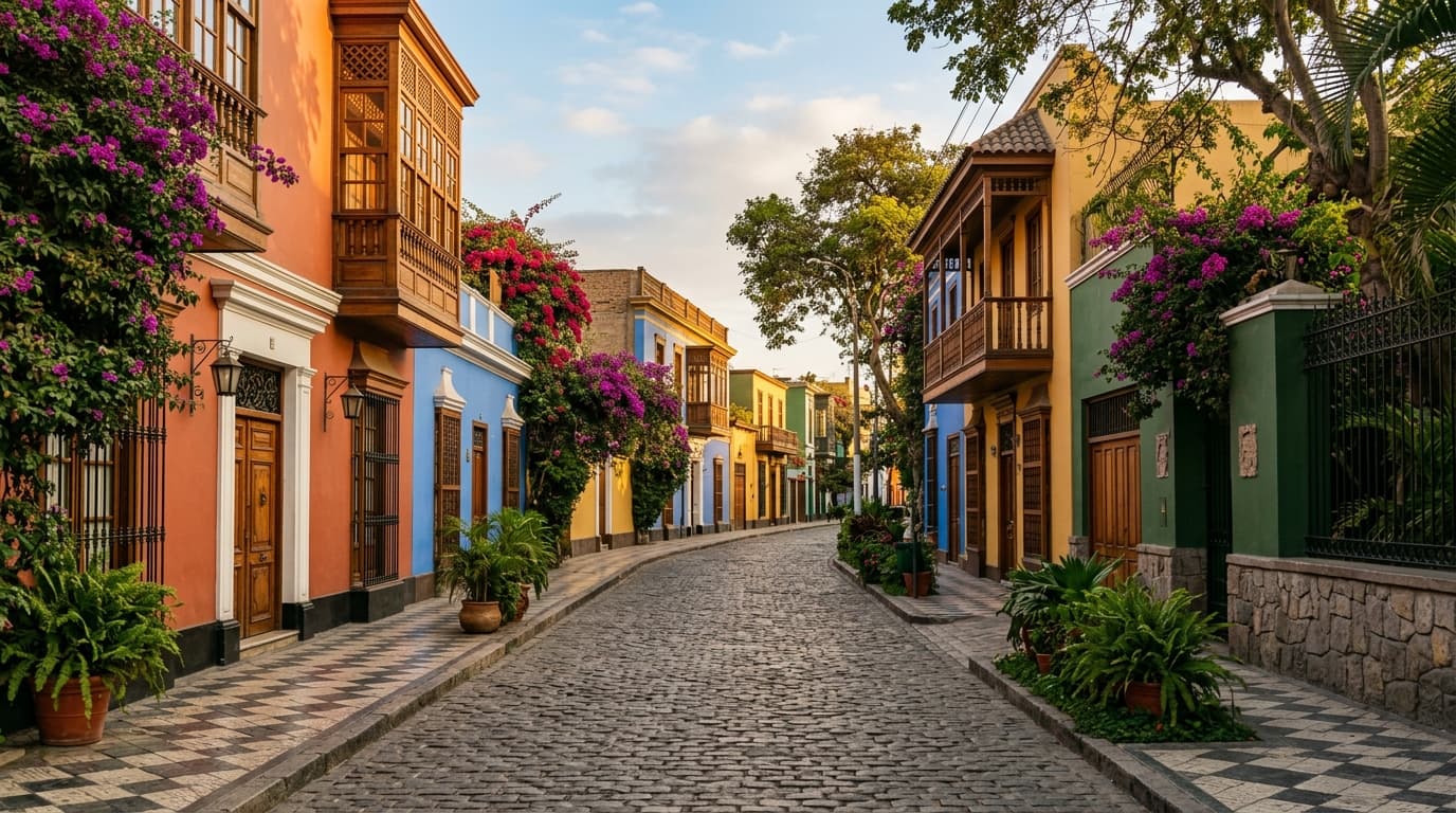 Rue résidentielle calme du quartier de Barranco à Lima, façades de style colonial, sans personnes reconnaissables