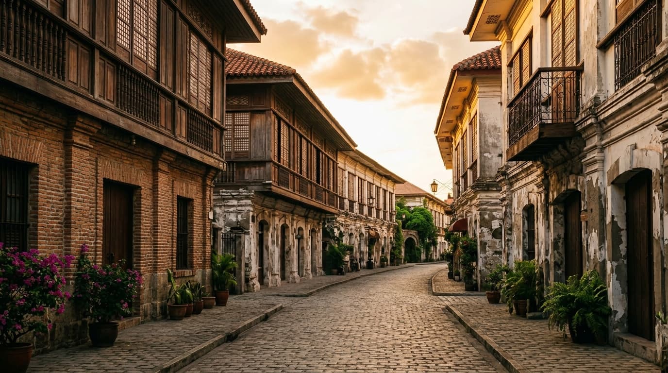 Ruhige Wohnstraße mit farbenfrohen Fassaden im spanischen Kolonialstil, historisches Viertel von Vigan oder Intramuros in Manila, Philippinen
