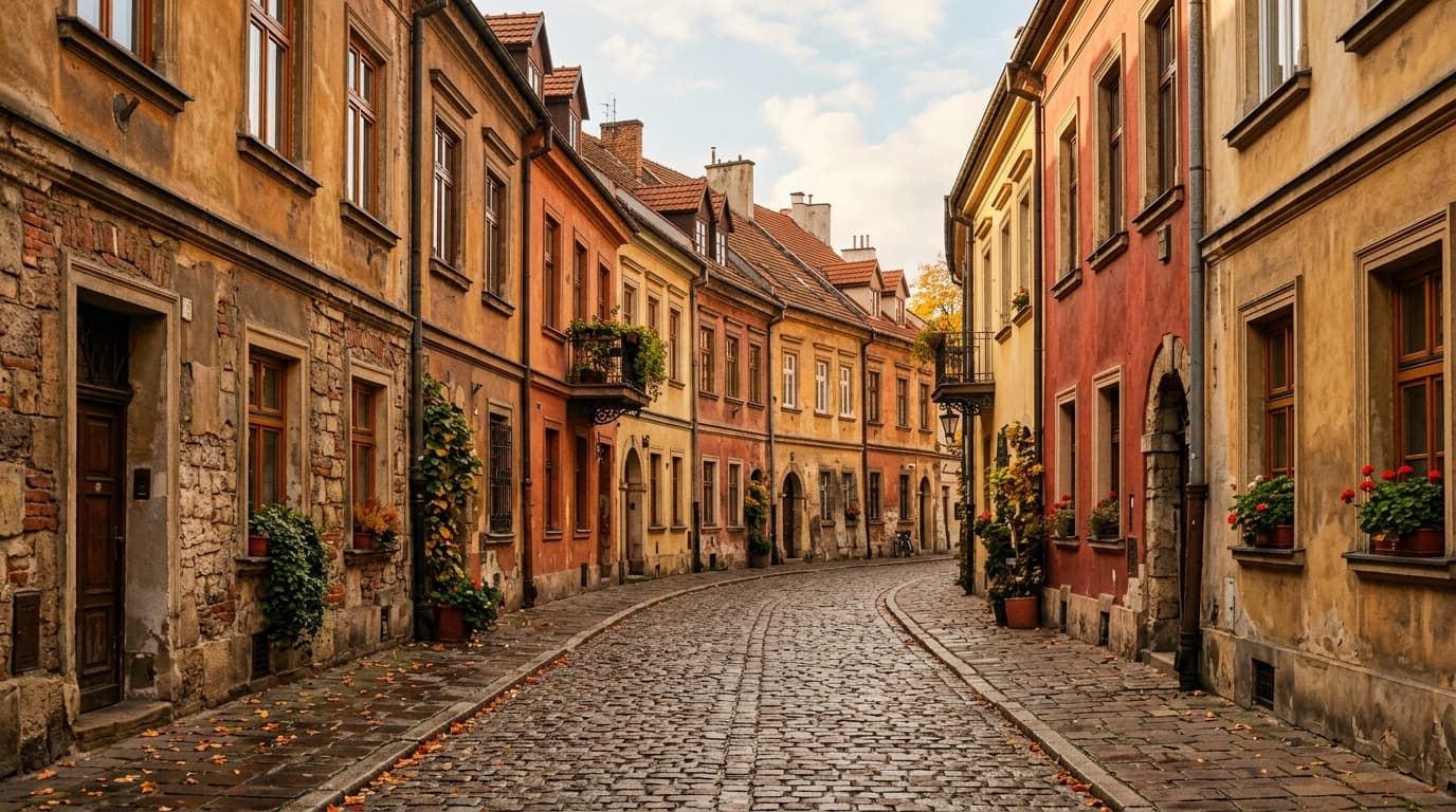 Rue résidentielle aux façades colorées du quartier de Kazimierz à Cracovie, Pologne