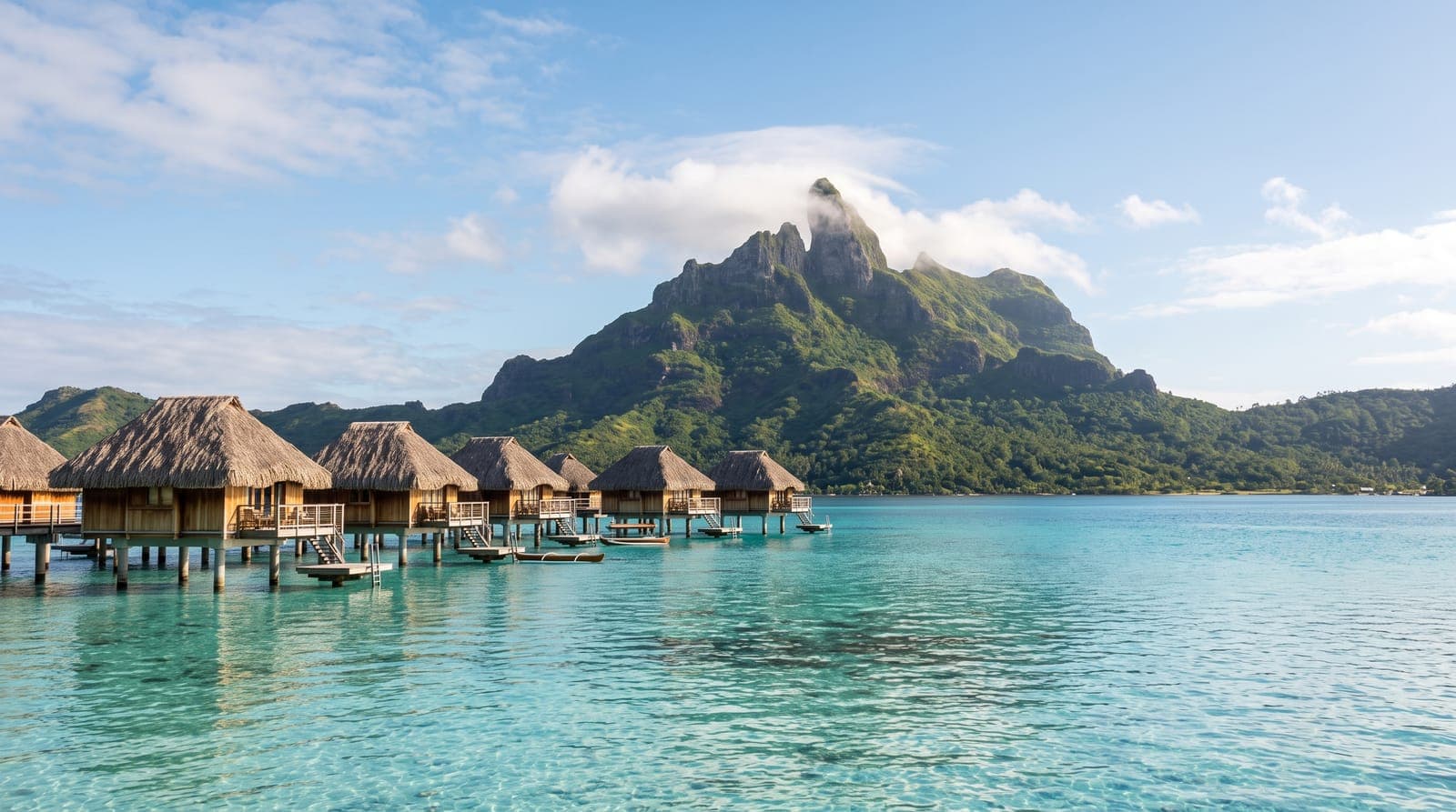 Lagune von Bora Bora in Französisch-Polynesien, Stelzenbungalows mit Strohdach auf türkisfarbenem Wasser vor einem grünen Vulkanberg