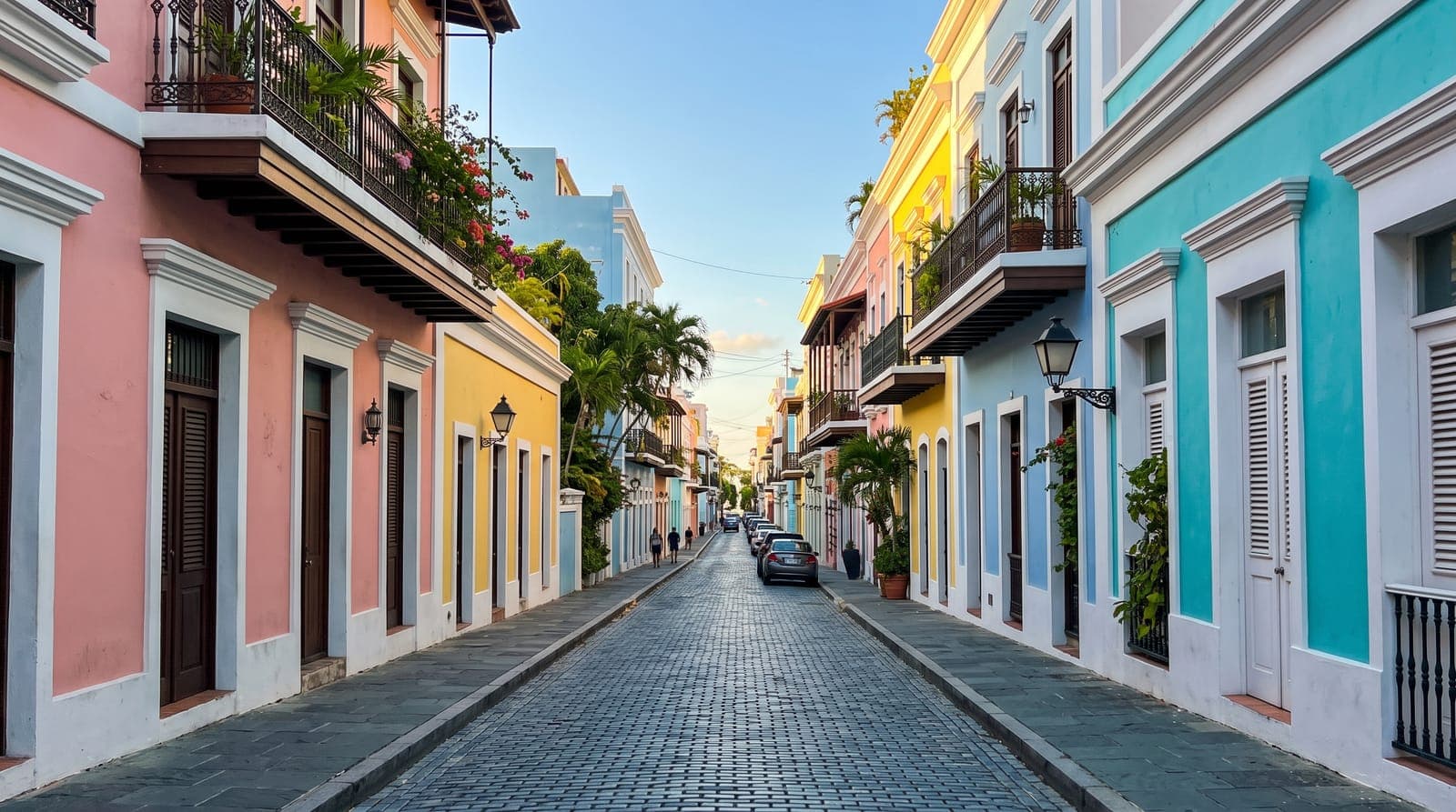 Gepflasterte Straße in der Altstadt von San Juan, Puerto Rico, gesäumt von pastellfarbenen Kolonialhäusern mit schmiedeeisernen Balkonen