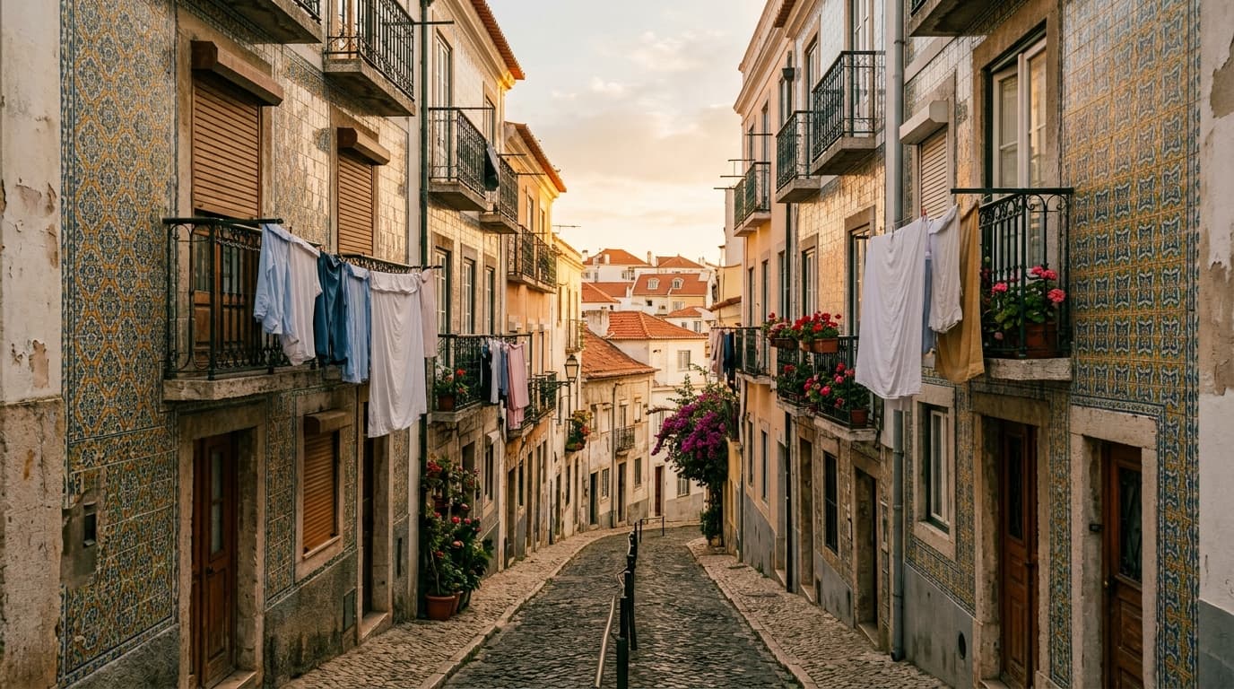 Vicolo con facciate di azulejos a Lisbona, Portogallo