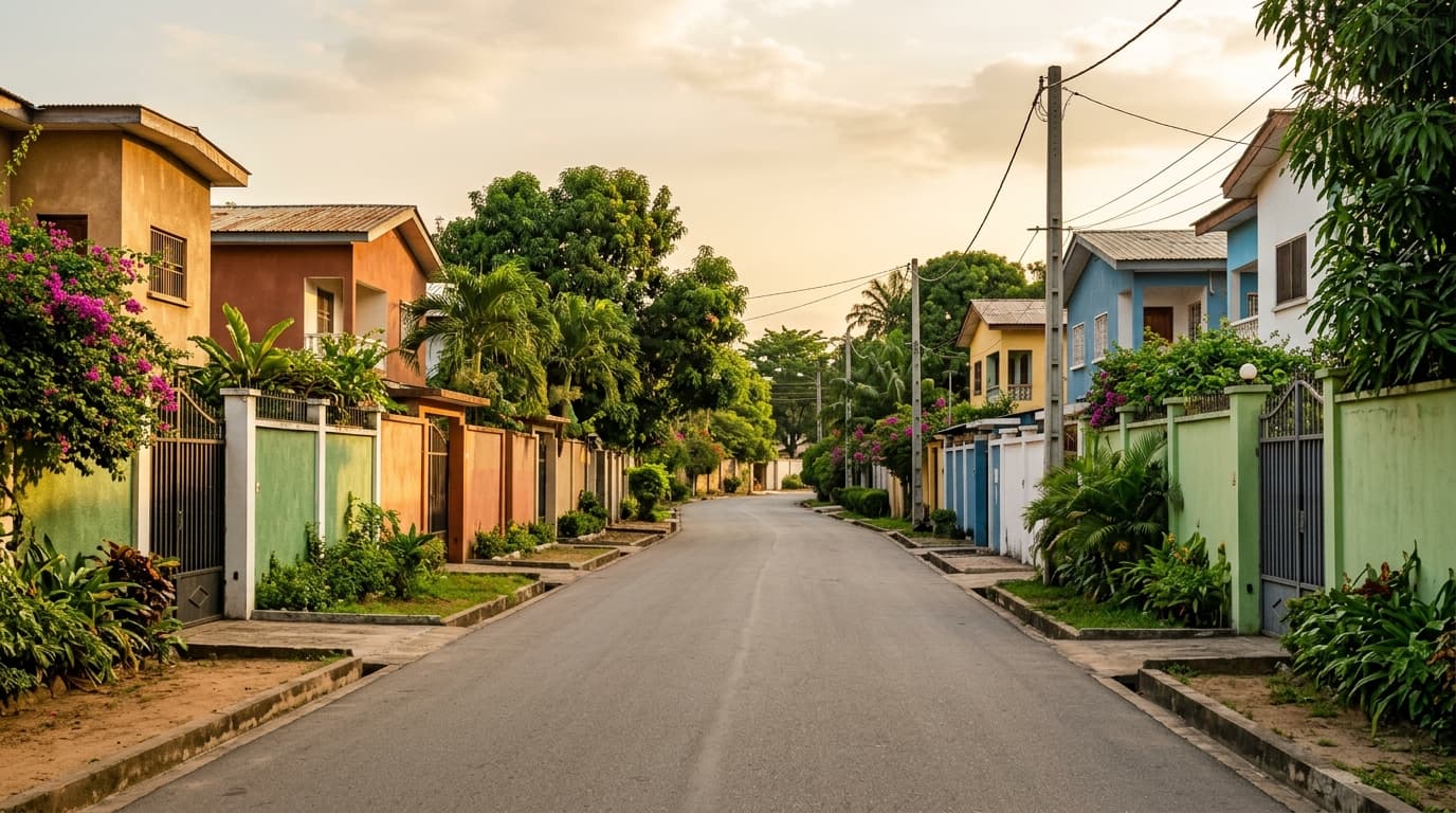 Rue résidentielle calme d'un quartier de Kinshasa, maisons basses aux façades simples, murs d'enceinte et végétation tropicale en bordure de rue