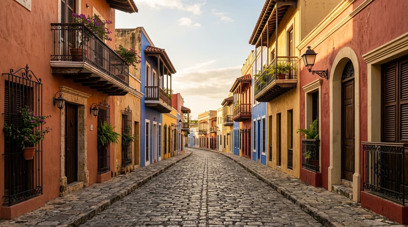 Rue résidentielle calme bordée de façades colorées de style colonial, dans un quartier de la Zona Colonial à Saint-Domingue, République dominicaine, sans personnes reconnaissables