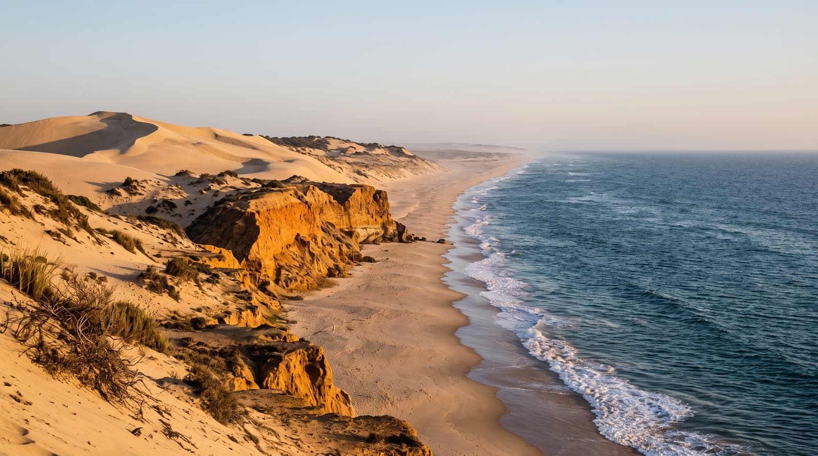 Hohe Dünen aus goldenem Sand, die zu einer atlantischen Küste mit ockerfarbenen Klippen und einem langen, leeren Strand abfallen