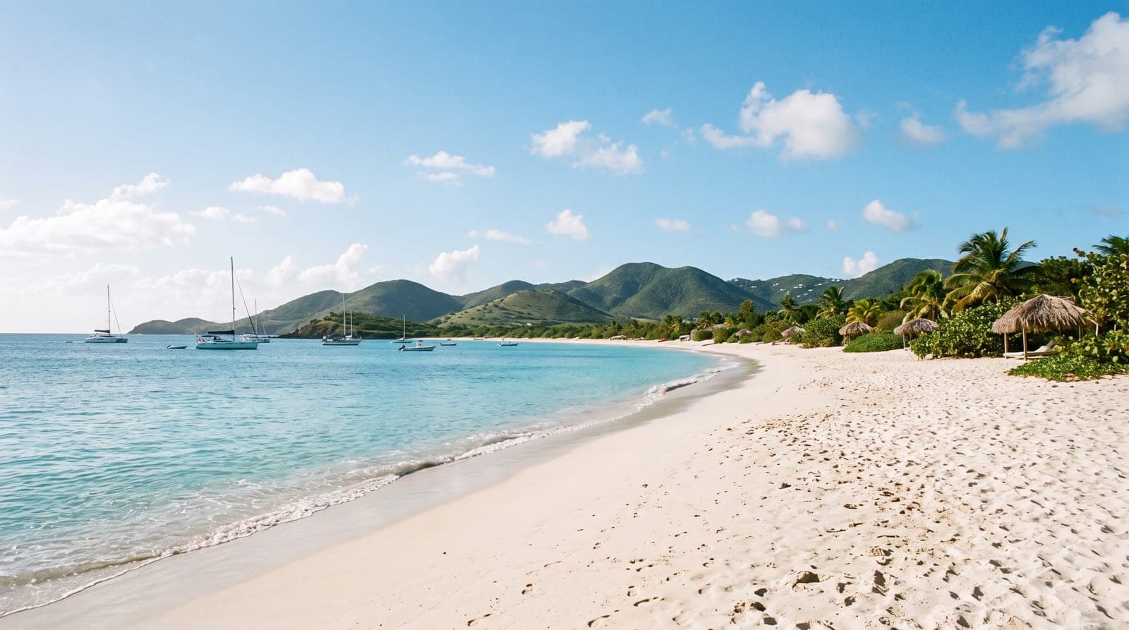 Langer weißer Sandstrand auf Saint-Martin, türkisfarbenes Wasser, Segelboote vor Anker und grüne Hügel im Hintergrund