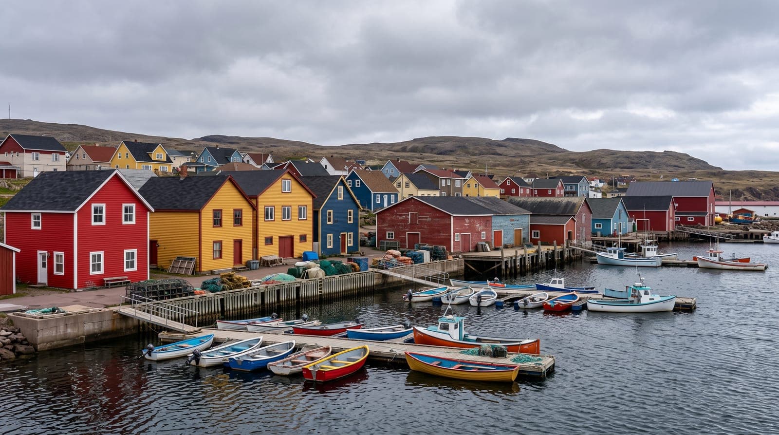 Puerto de San Pedro, casas de madera con fachadas rojas, amarillas y azules frente al mar y pequeños barcos de pesca amarrados bajo un cielo nublado