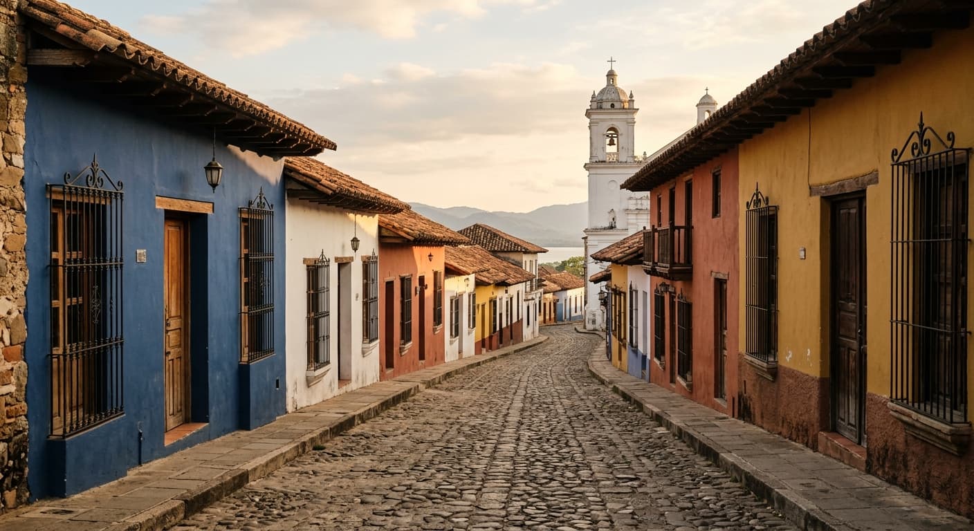 Rue calme et vide d'une ville coloniale du Salvador, façades colorées de style colonial, pavés, sans personnes ni véhicules reconnaissables, sans volcan ni monument identifiable