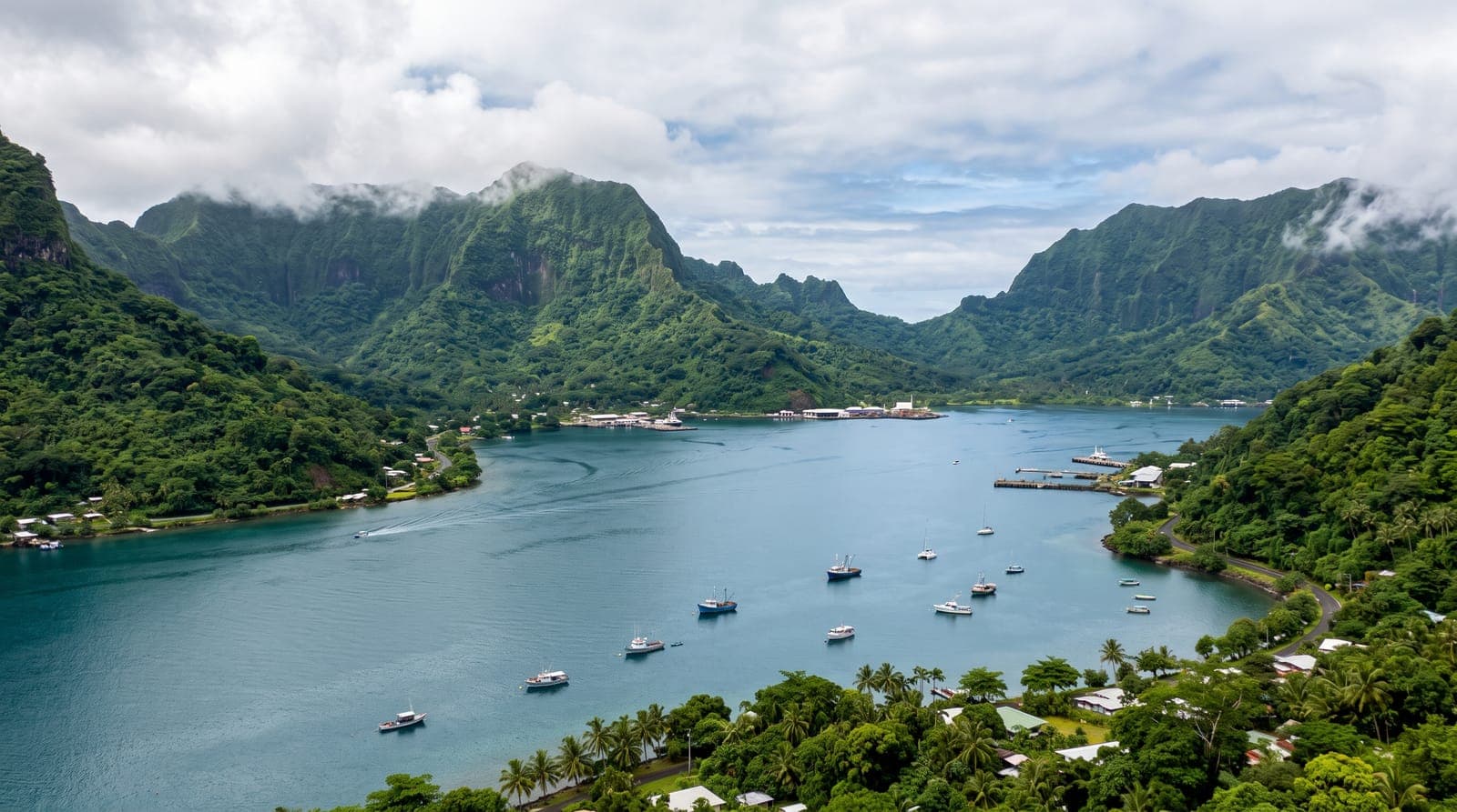 Bucht von Pago Pago in Amerikanisch-Samoa, von tropischem Regenwald bedeckte Vulkanberge und ruhiges Wasser