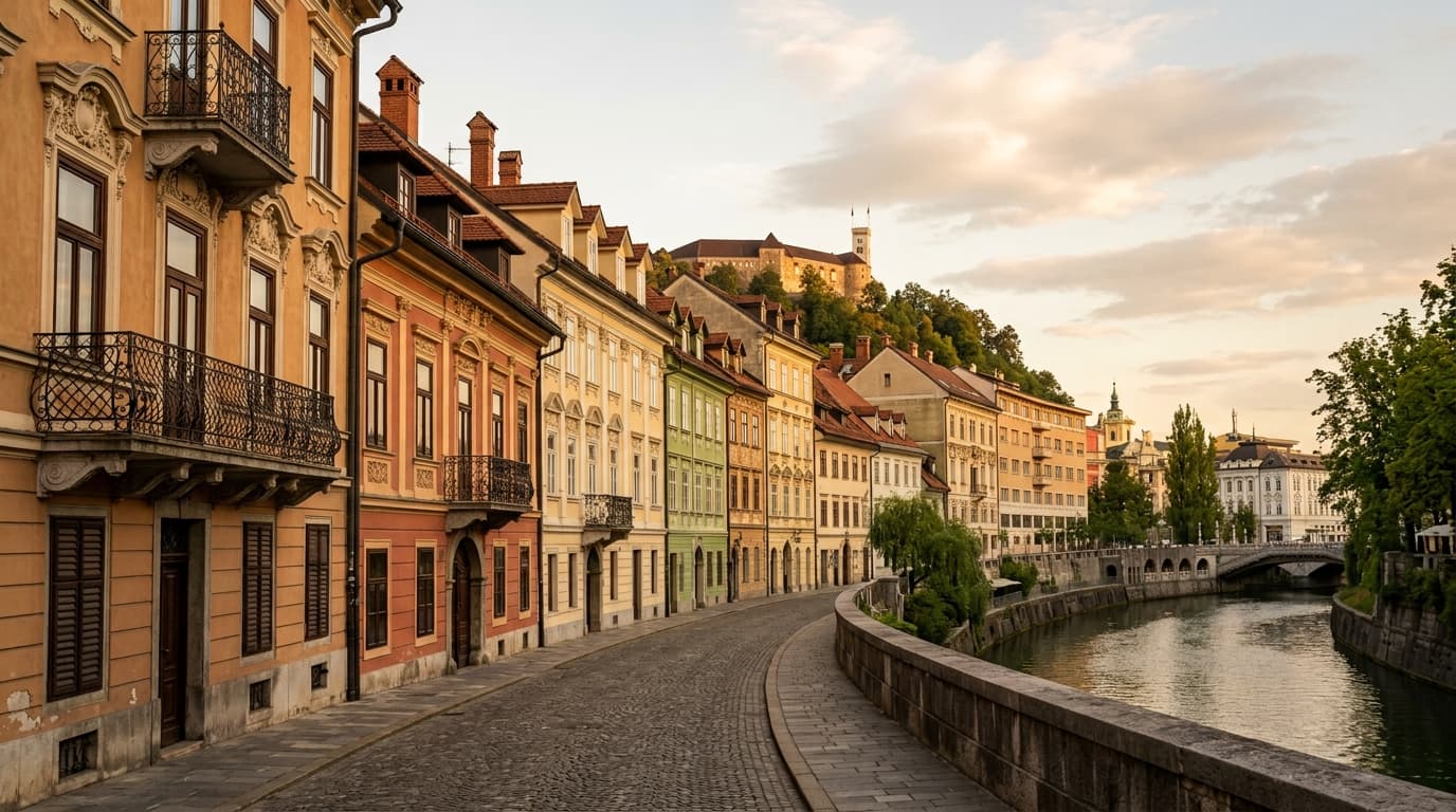 Rue résidentielle calme de la vieille ville de Ljubljana, Slovénie, façades colorées le long de la rivière Ljubljanica