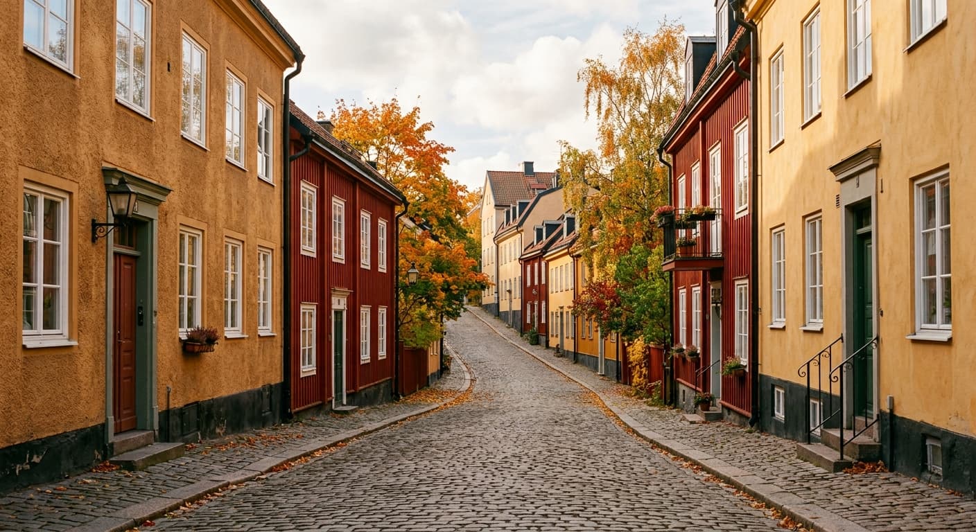 Via residenziale con facciate colorate del quartiere di Södermalm a Stoccolma, Svezia
