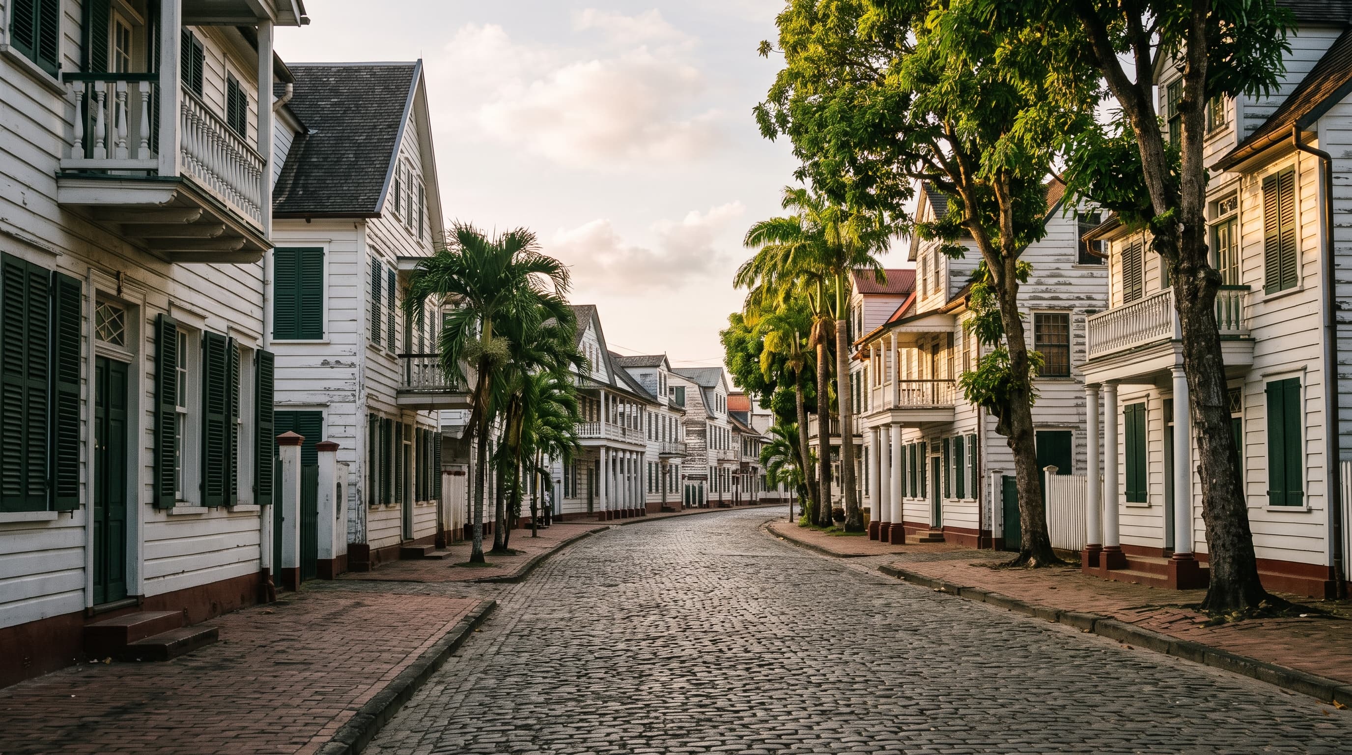 Via residenziale tranquilla di Paramaribo con facciate in legno bianco tipiche dell'architettura coloniale olandese, senza persone riconoscibili né monumenti identificabili