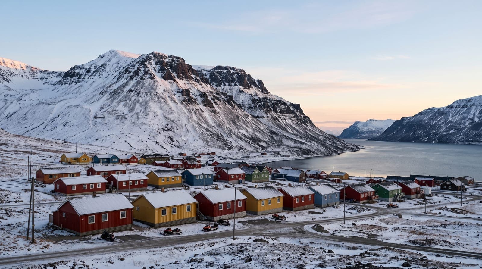 Bunte Holzhäuser von Longyearbyen am Fuß schneebedeckter Berge, am Ufer eines Fjords auf Spitzbergen