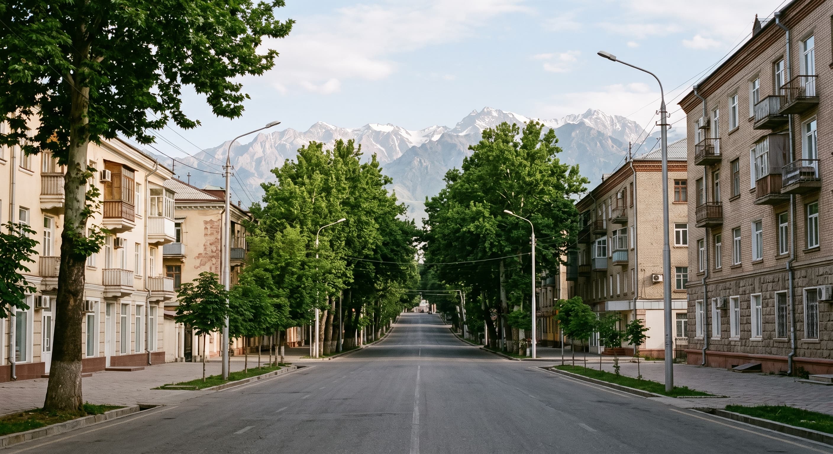 Quiet, tree-lined street in a residential district of Dushanbe, low-rise buildings and the snow-capped peaks of the Fann Mountains in the background, no recognisable people or buildings