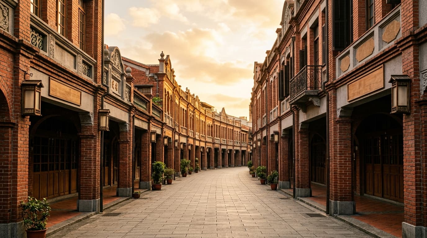 Ruhige Wohnstraße im historischen Viertel Dihua Street in Taipeh, traditionelle Fassaden und Laternen, ohne erkennbare Personen