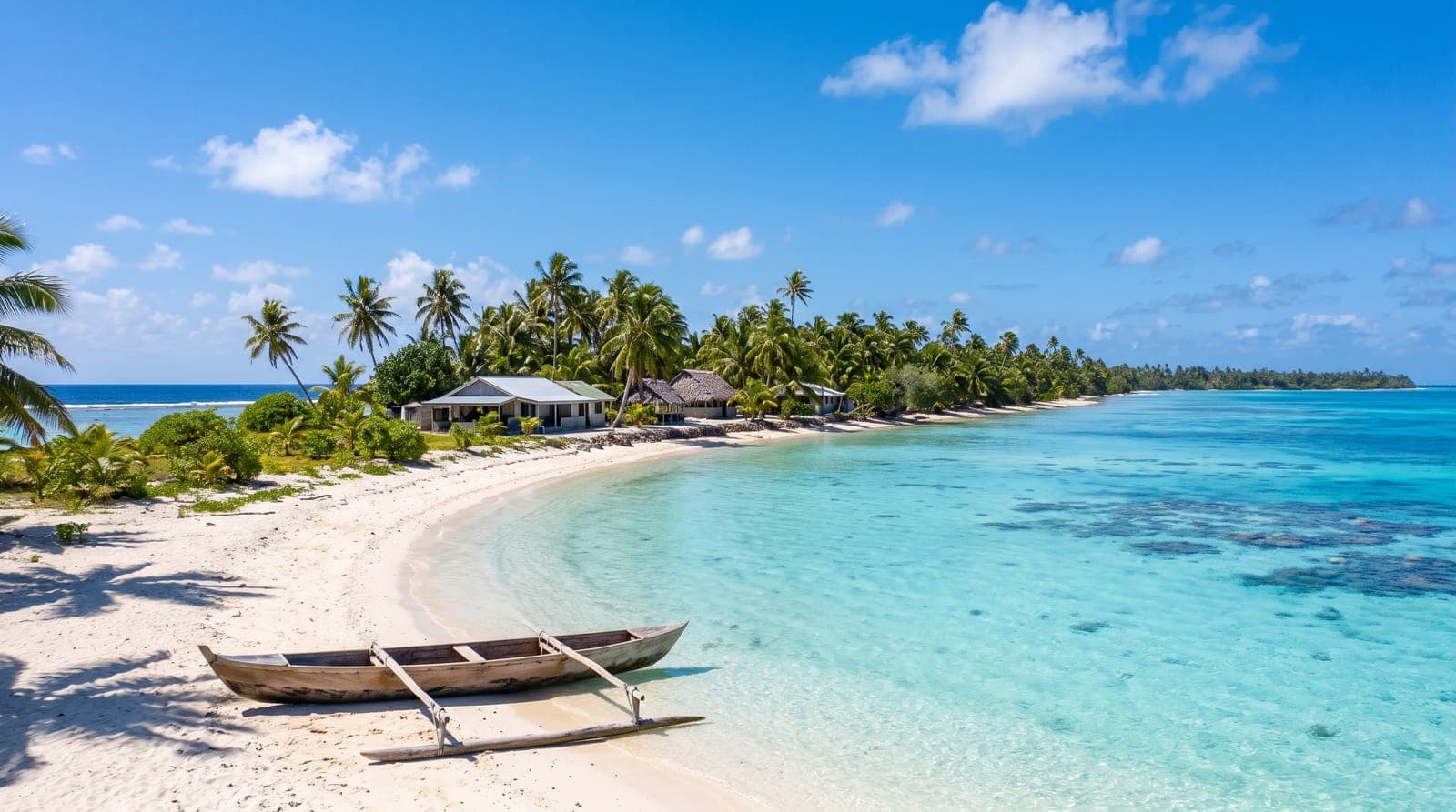 Türkisfarbene Lagune, weißer Sandstrand, Kokospalmen und ein Auslegerboot auf einem Atoll von Tokelau