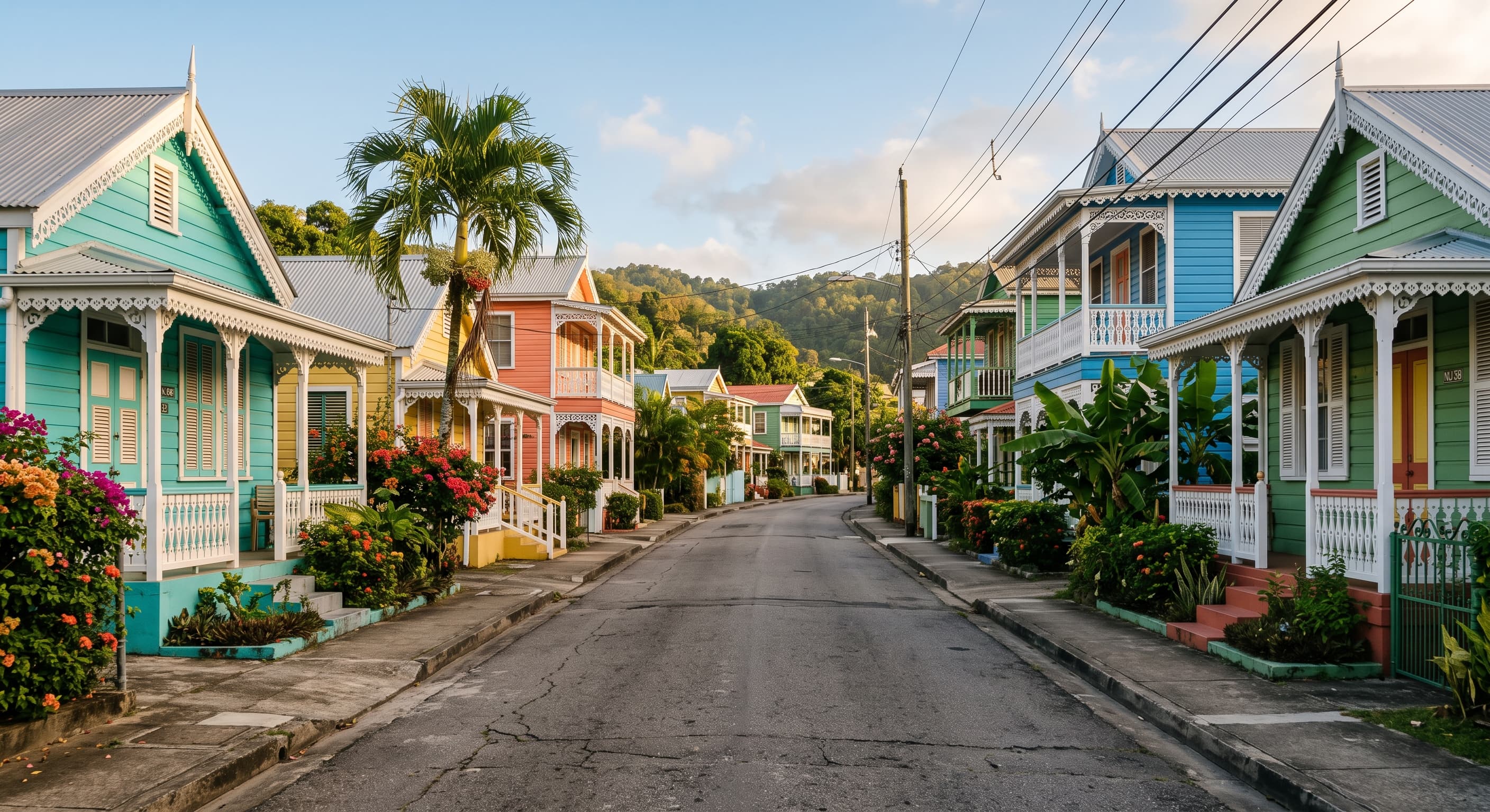 Rue résidentielle calme de Port of Spain à Trinité-et-Tobago, façades colorées de style caribéen bordées de palmiers, sans personnes ni véhicules reconnaissables