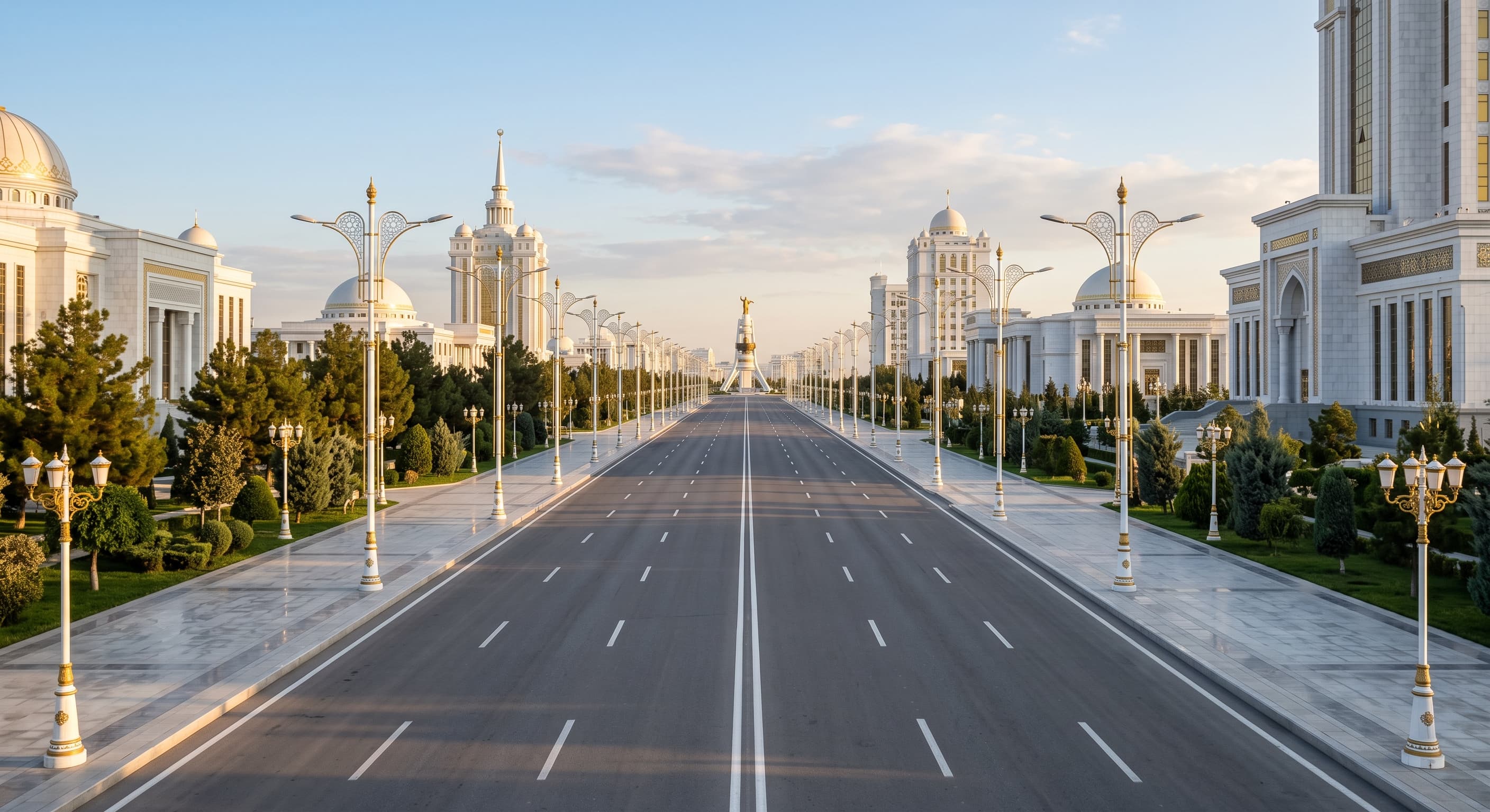 Rue large et peu fréquentée d'Achgabat bordée d'immeubles de marbre blanc et d'espaces verts, sans personnes ni monument identifiable