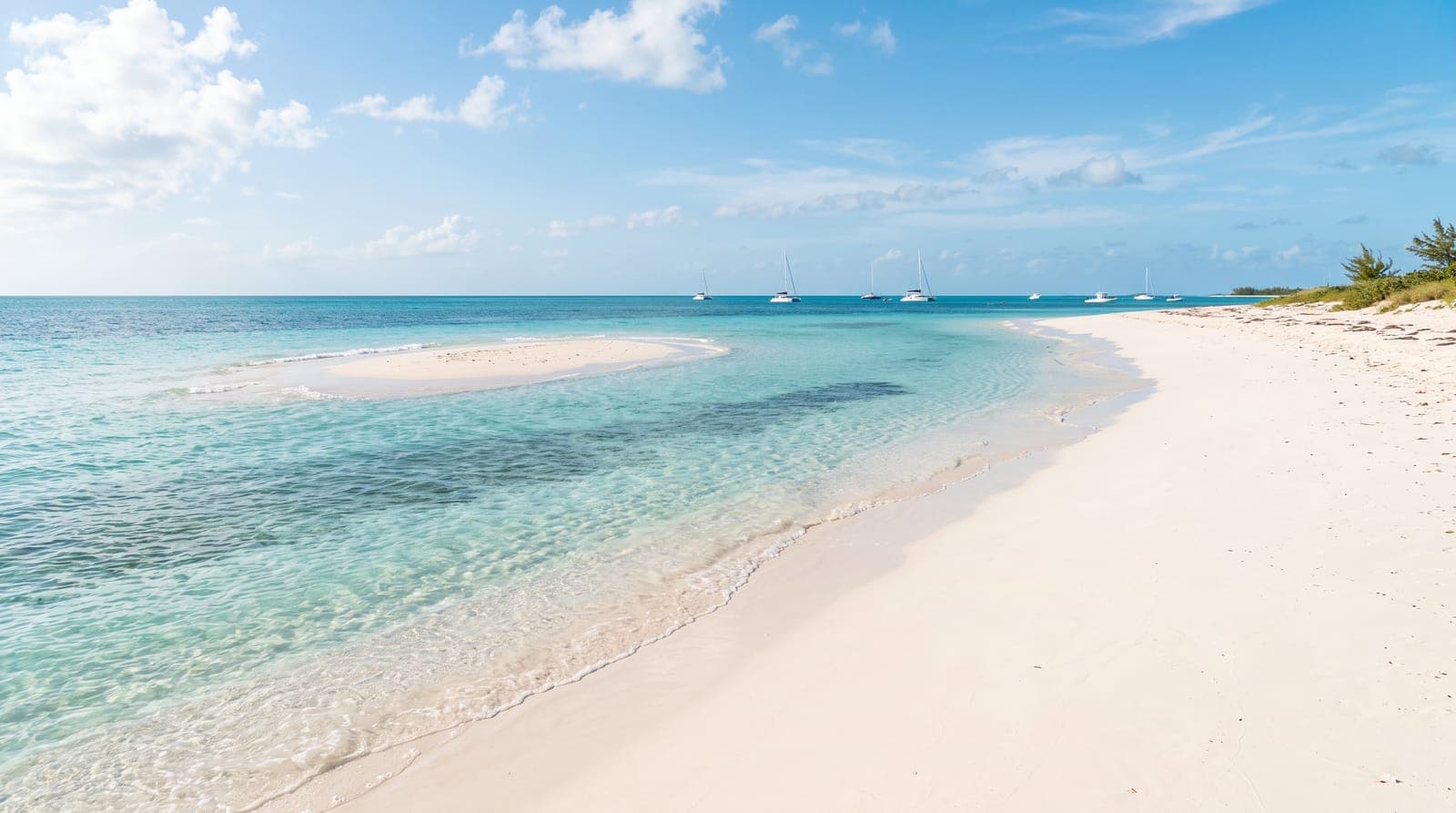 Feiner weißer Sandstrand auf den Turks- und Caicosinseln mit türkisfarbener Lagune und Sandbank