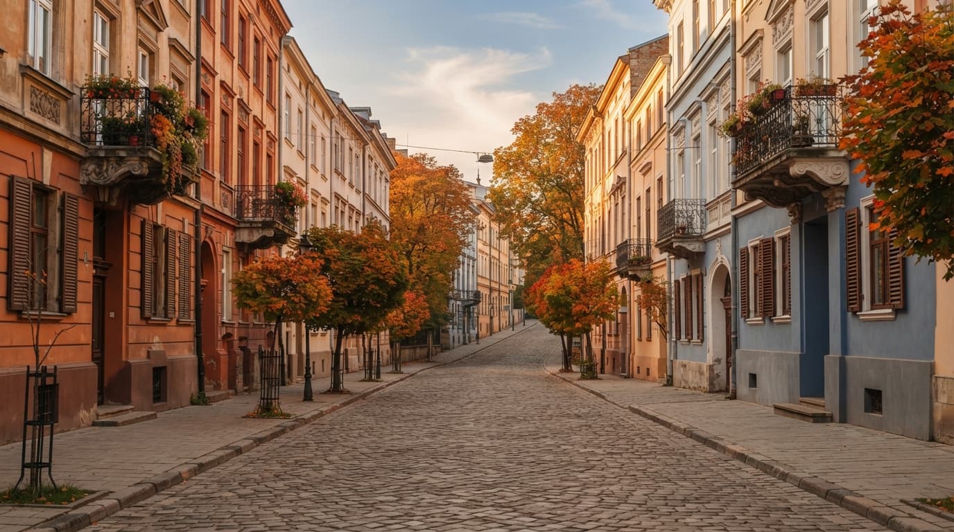 Rue résidentielle calme du centre historique de Lviv, architecture ancienne d'Europe centrale