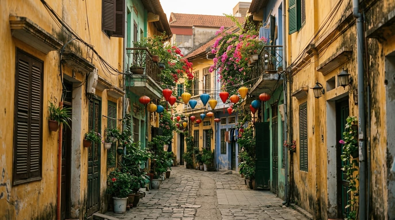 Ruelle du vieux quartier de Hoi An, façades patinées jaune ocre et lanternes en papier colorées