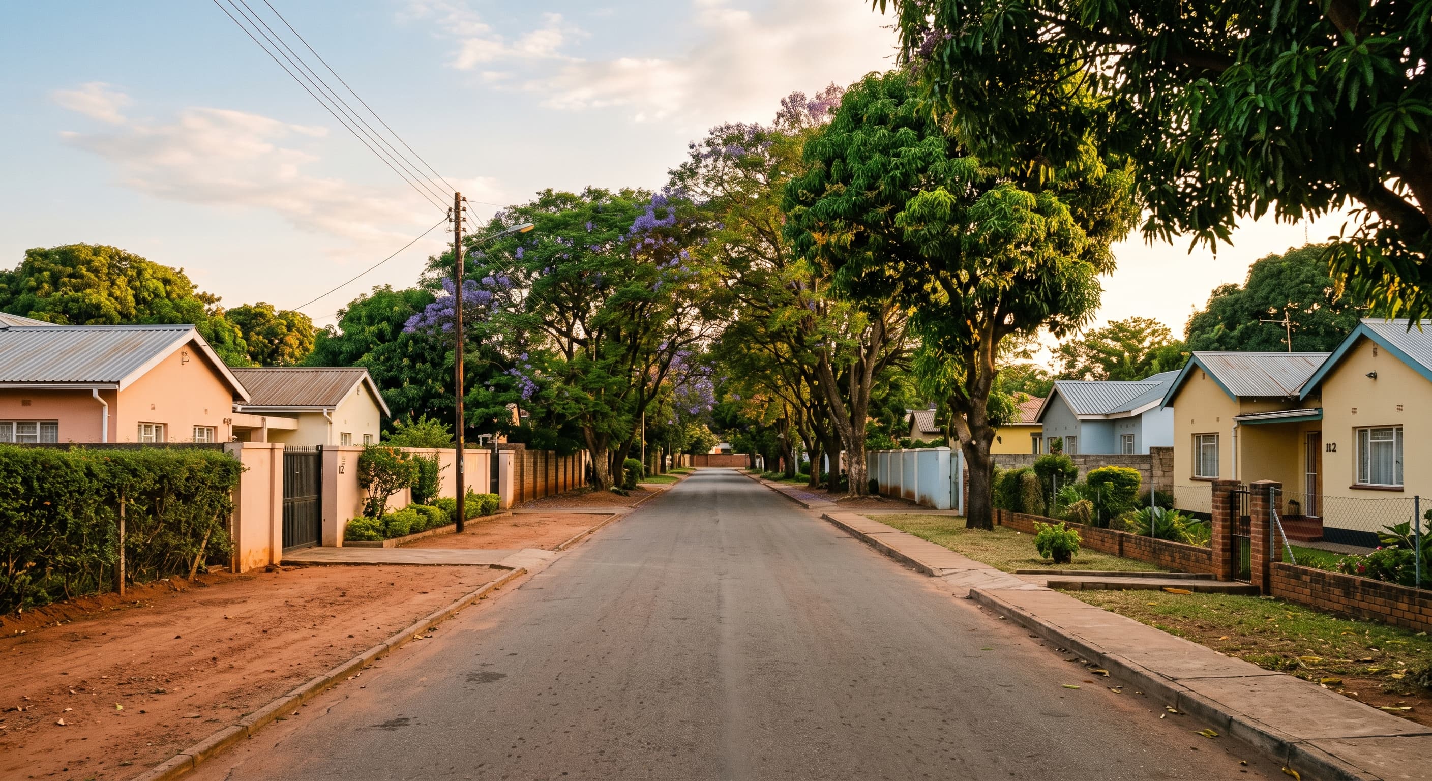 Rue calme et verdoyante d'un quartier résidentiel de Lusaka, maisons basses et arbres bordant la chaussée, sans personnes reconnaissables